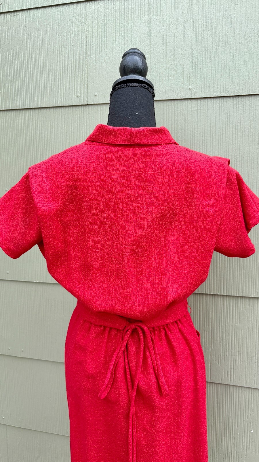 vtg LISA PETITES 70s Disco Casual Red Woven Knit Linen Belted Wrap A-Line Dress