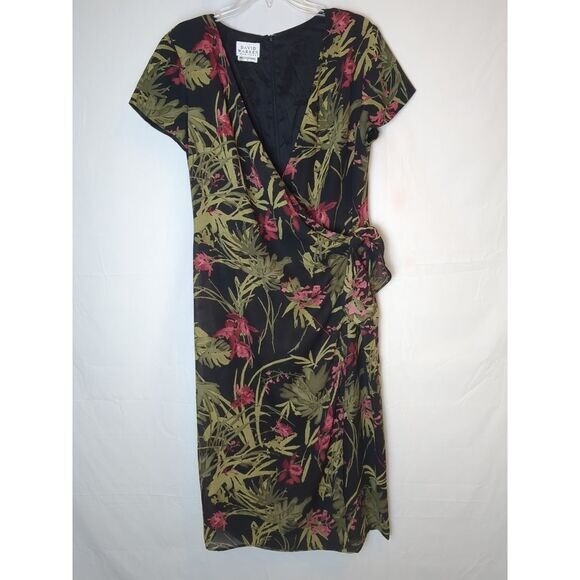 David Warren Vintage Dress Side Tie Faux Wrap Tropical Floral Women’s Size 14
