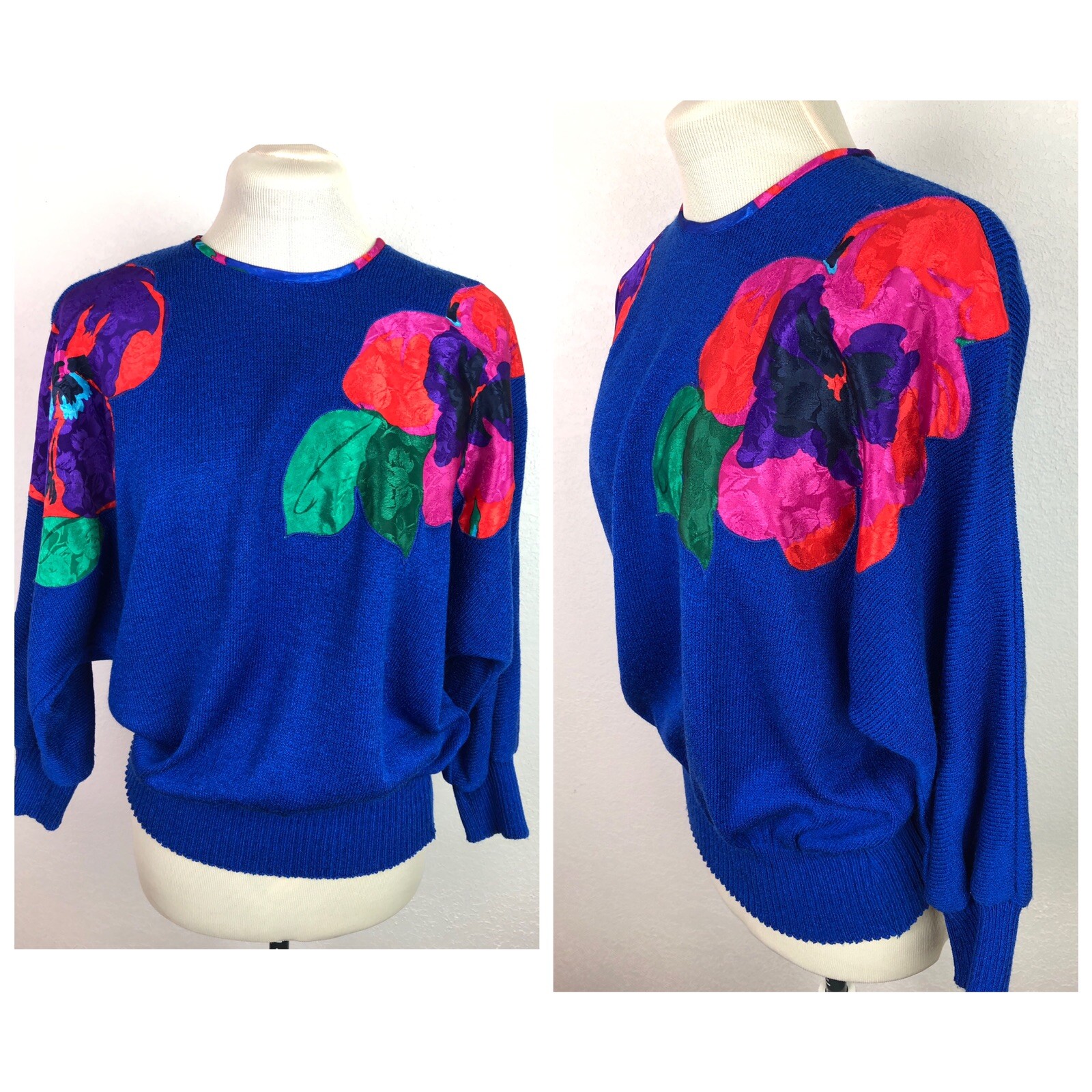 VTG 1980s Sweater Sz 8 Medium Anthony Sicari Bold Colors Flowers Dolman Slv USA
