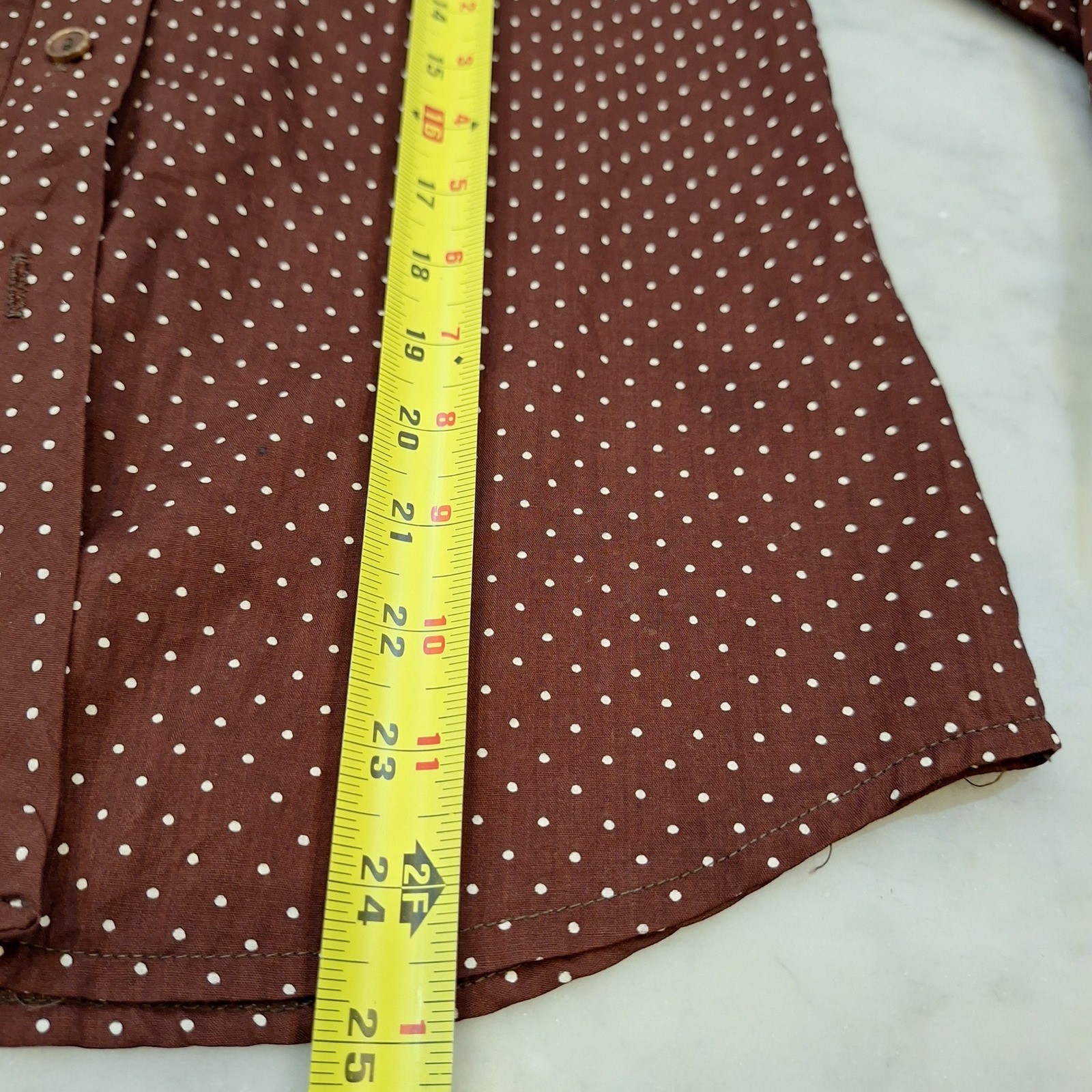 Vtg 70s Teddi of California Sz 10 (S-M) Brown Polka Dot Western Piping Shirt