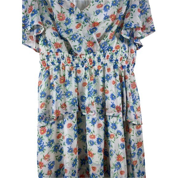 Draper James RSVP Floral Smocked Tiered Maxi Dress Ivory Blue Orange Large VGUC