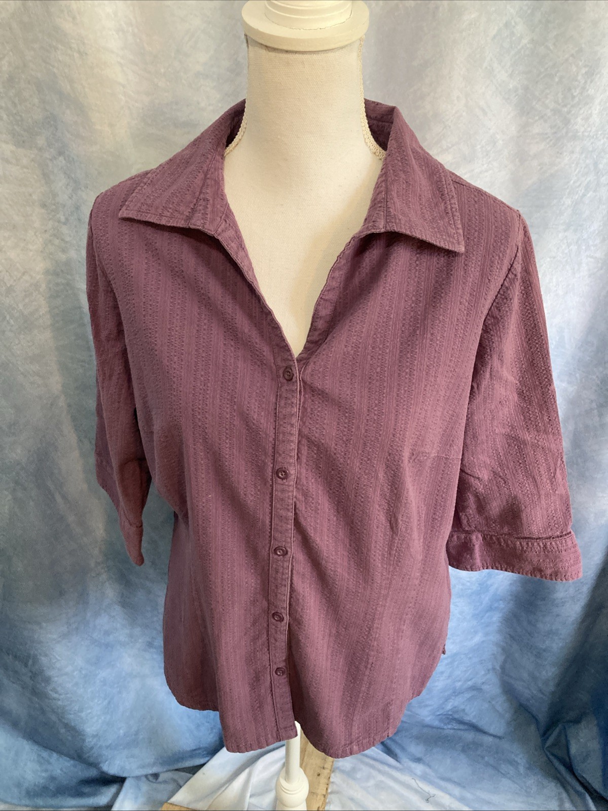 VTG 90s Y2K Fashion Bug Purple Textured Seersucker Stripe Blouse 14/16W Stretch