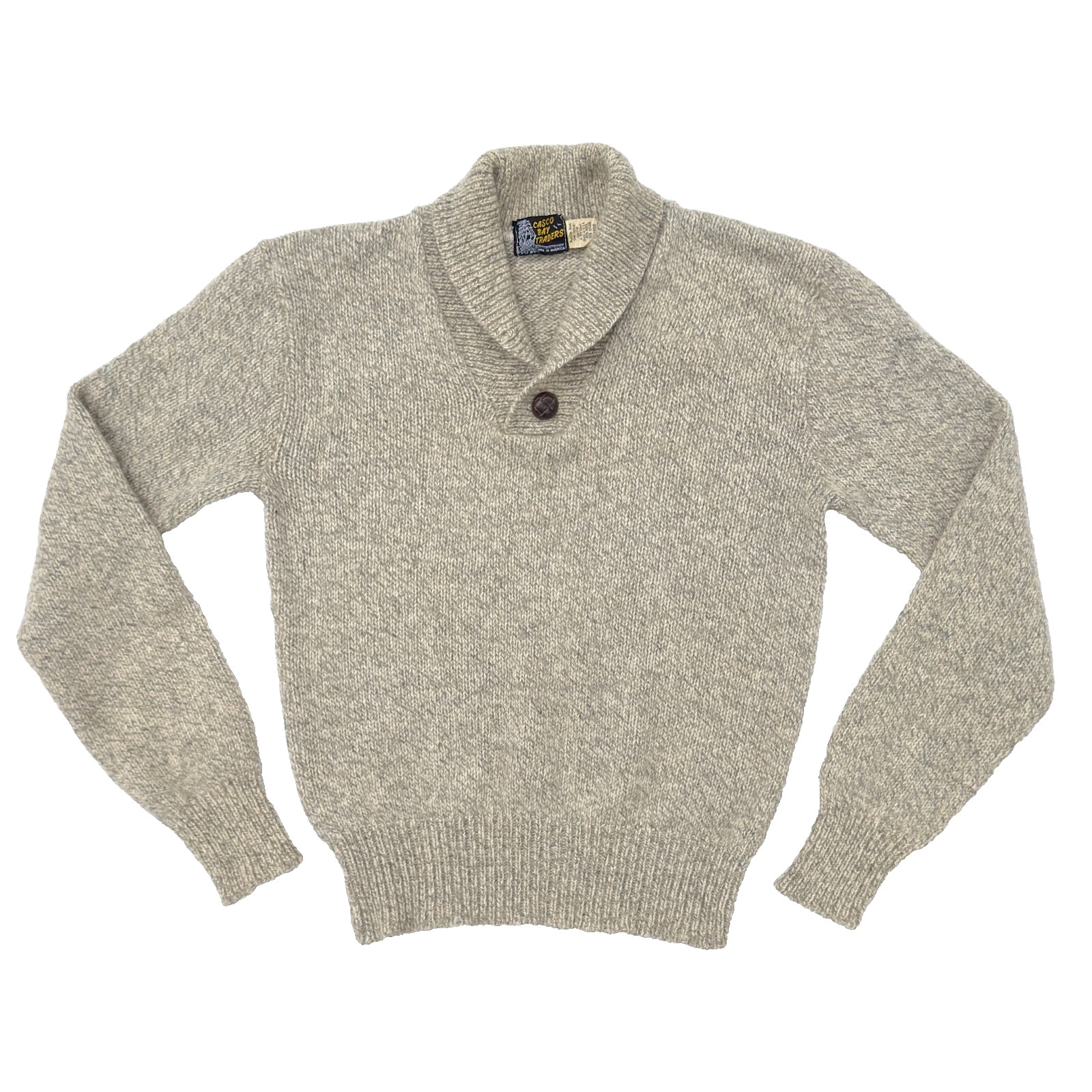 Vintage Casco Bay Traders Grey Beige Wool Blend Retro Ski Shawl Collar Sweater L
