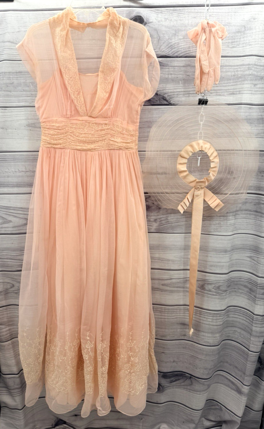 VINTAGE 1950’S CORRINE ORIGINAL PINK FLOOR LENGTH GOWN OPEN CROWN HAT & GLOVES