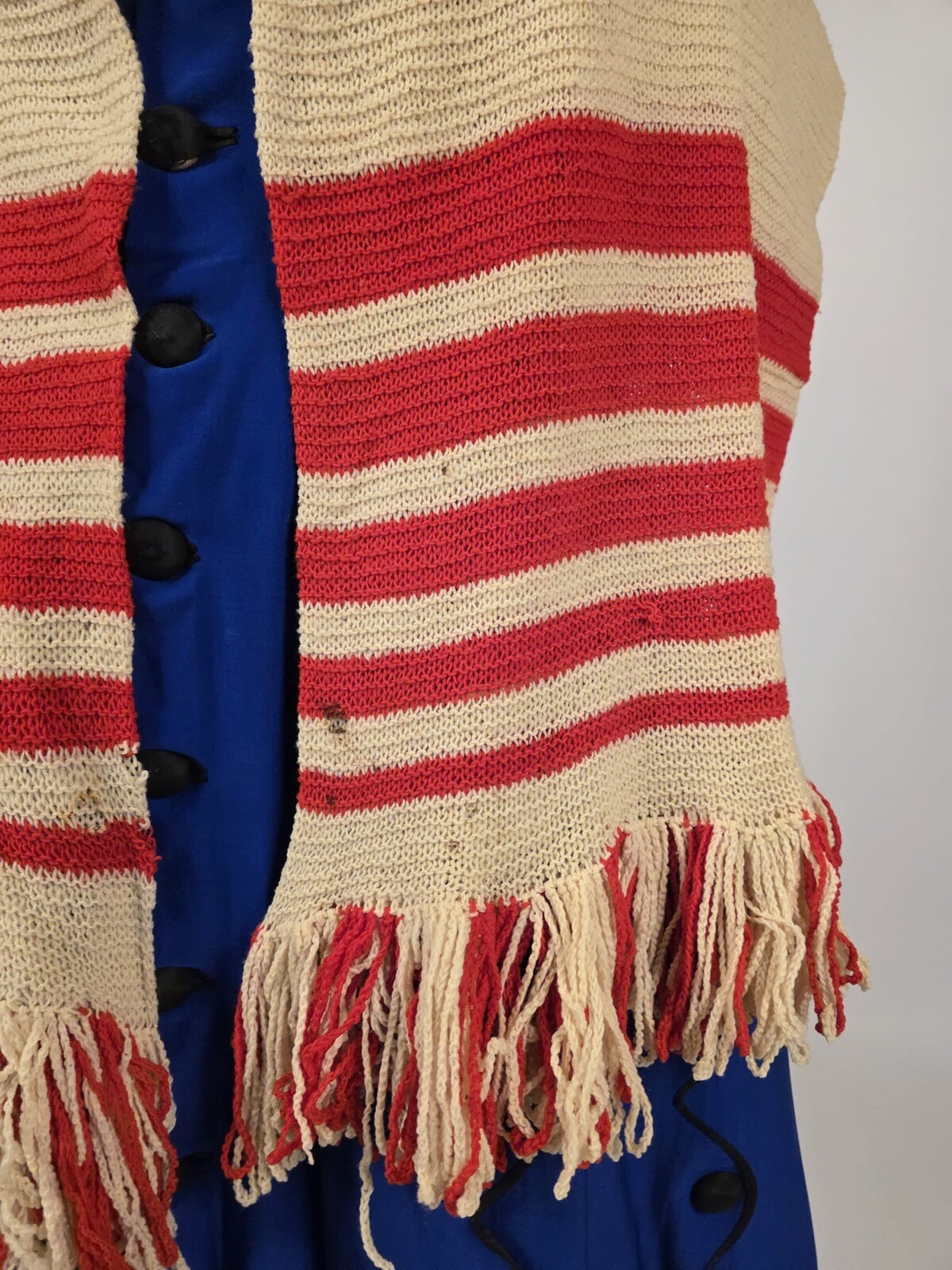 CIVIL WAR 1860’S RED + WHITE HAND KNIT WOOL SHAWL FOR DRESS W FRINGE EDGING