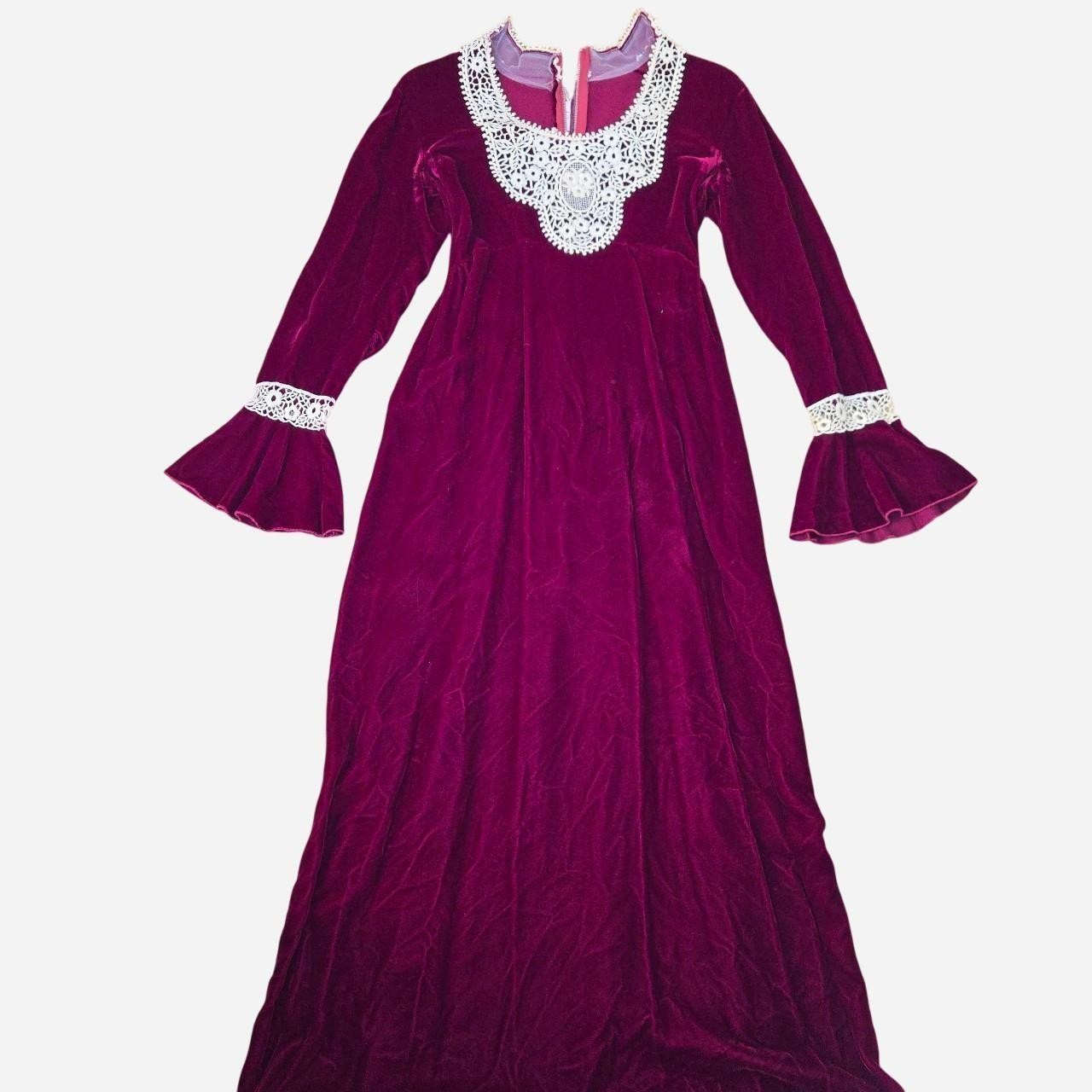 1970s victorian revival burgundy velvet maxi dress with lace applique
