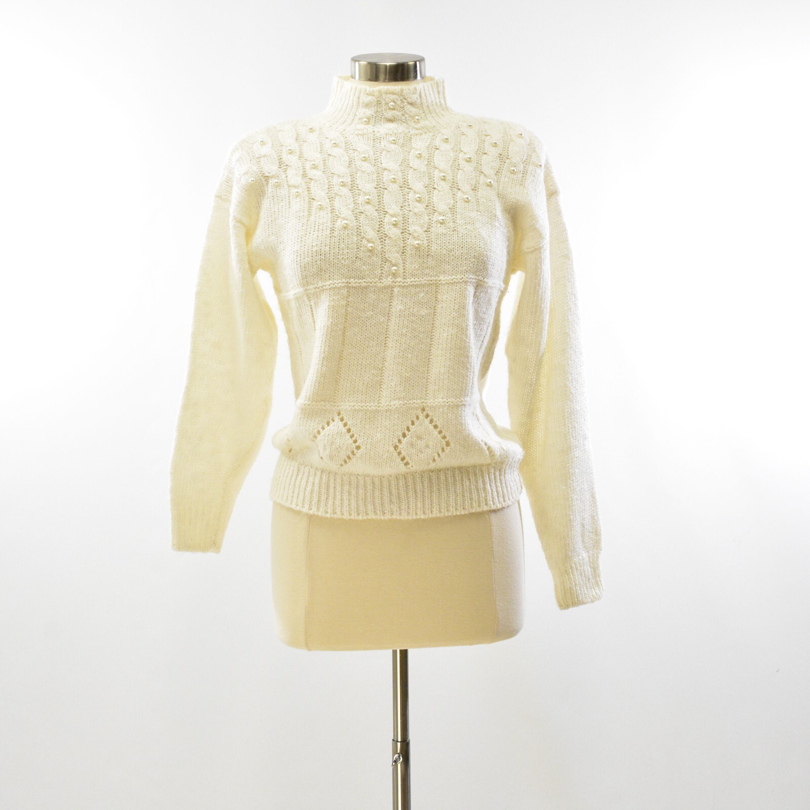 80s Vintage Sweater White Mock Neck Beaded Size M Spice Of Life