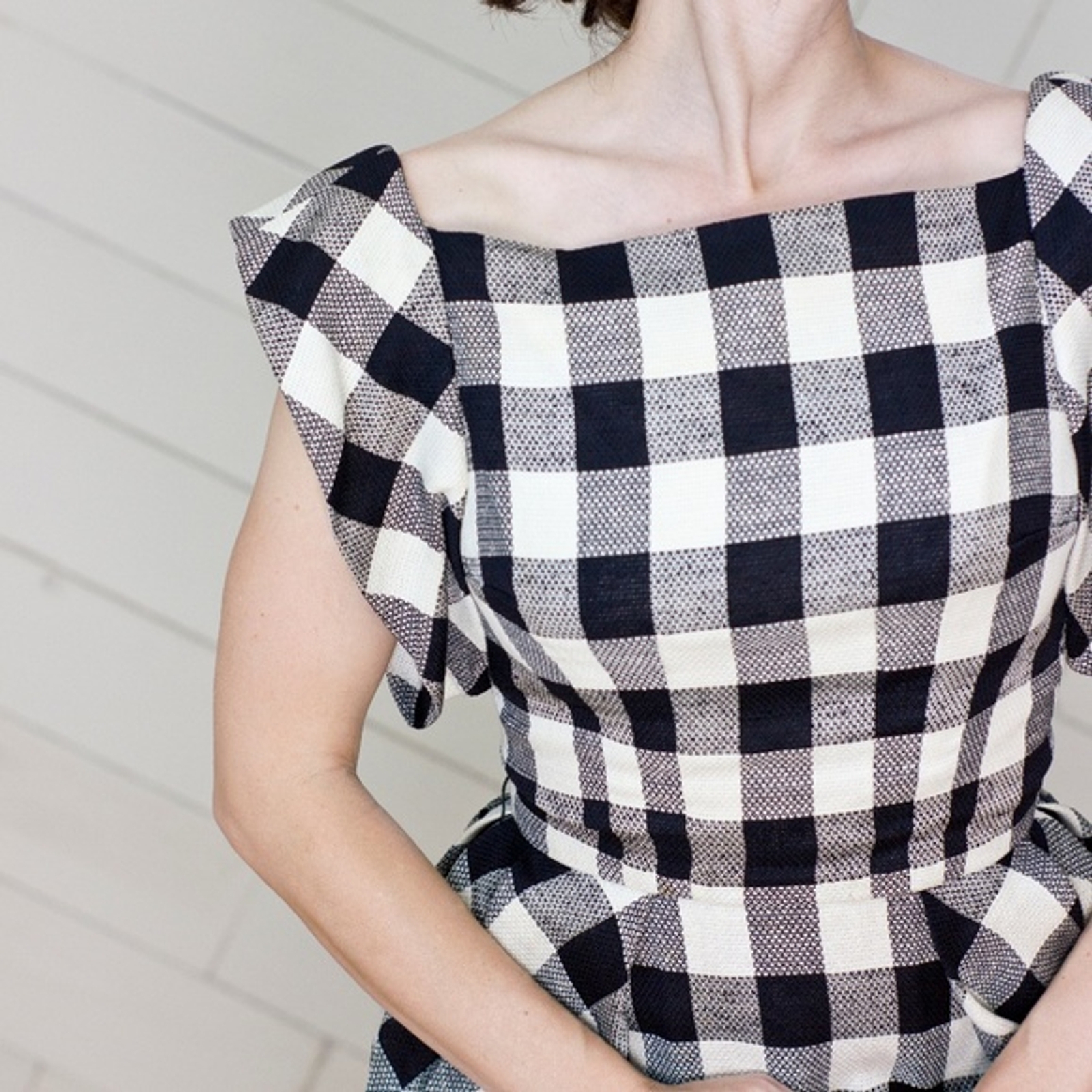 Vtg White Black Checkered Dress Statement Sleeves