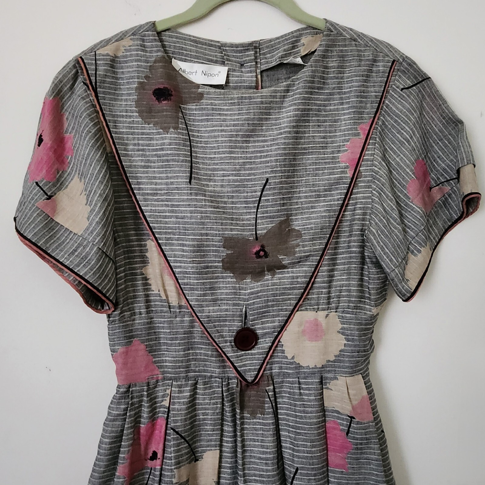 Vintage Albert Nipon Linen Cotton Gray Striped Floral Prints Dress 4 Pockets