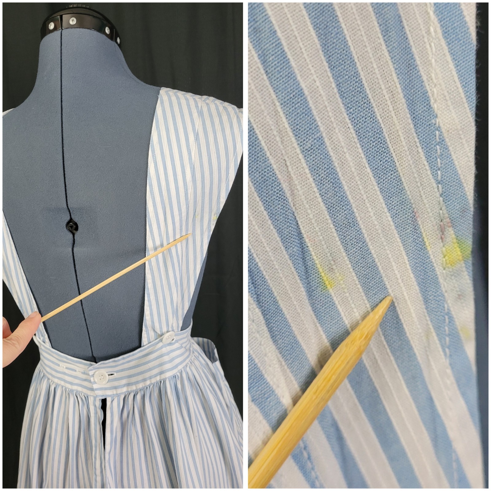 Vintage Blue & White Striped Apron w Bib & Patch Pockets Handmade?