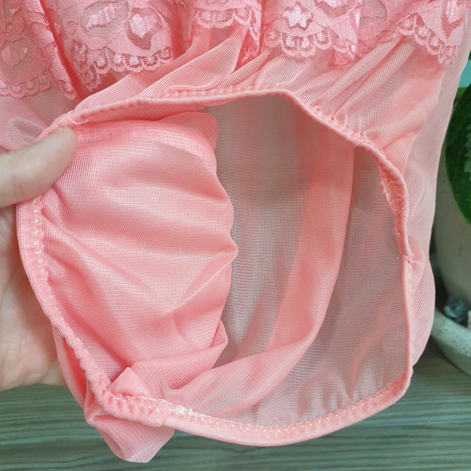 Vintage Sheer Nylon Panty Sissy Peach Floral Lace Granny Brief Sz. 8 Hip 39-43″