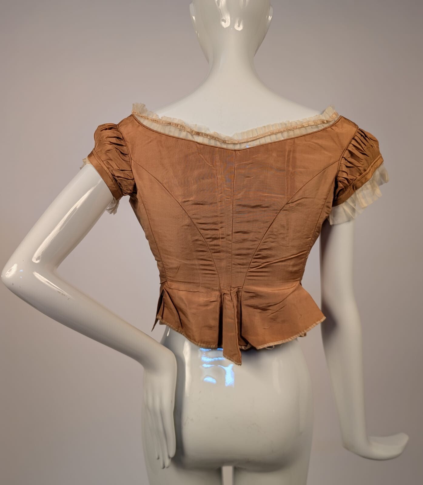 POST WAR 1860’S BALL GOWN DRESS BODICE W PLEAT ORGANZA TRIMMED NECKLINE