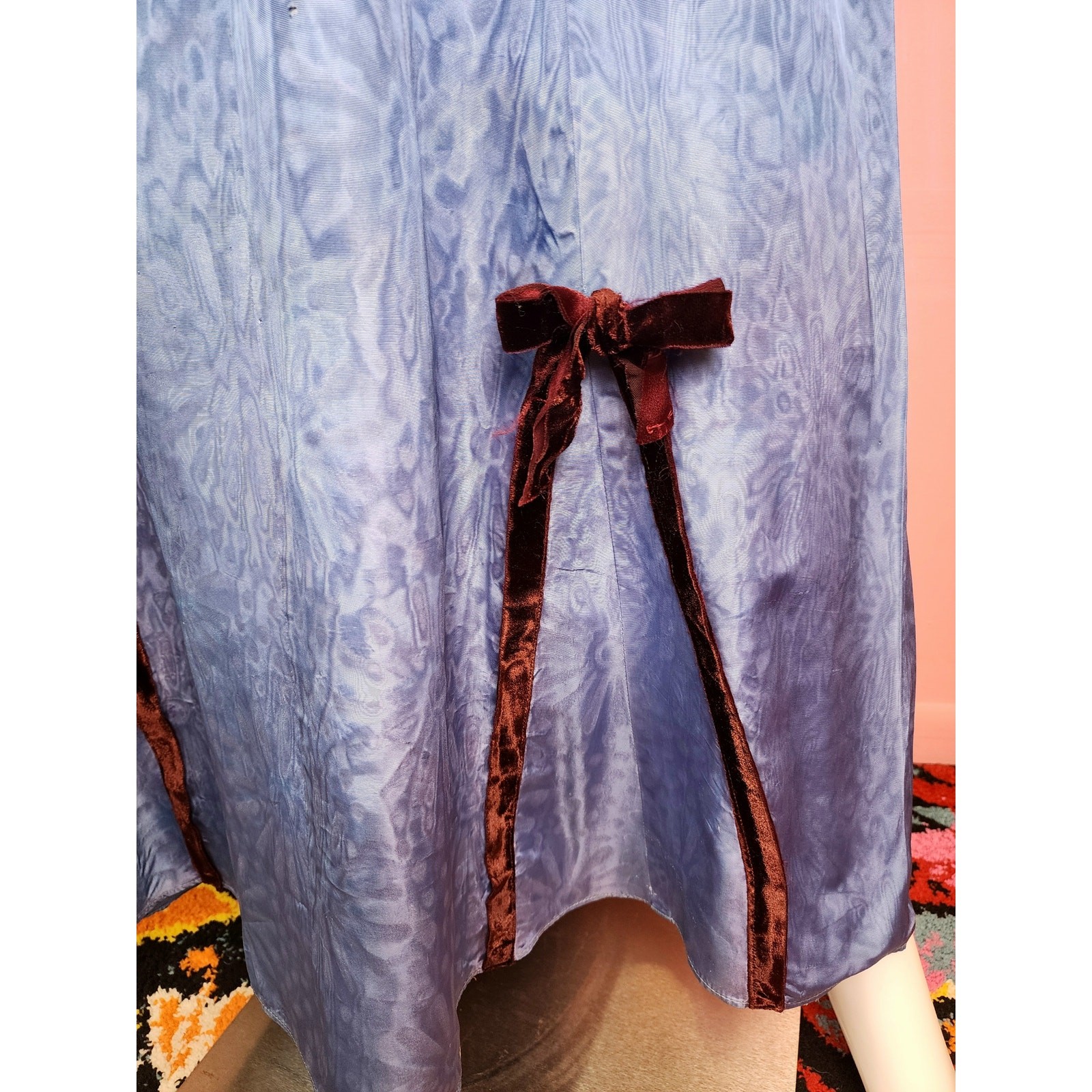 Antique 1930’s Moiré Satin Gown and Bolero Cornflower Blue Burgundy Velvet Bows