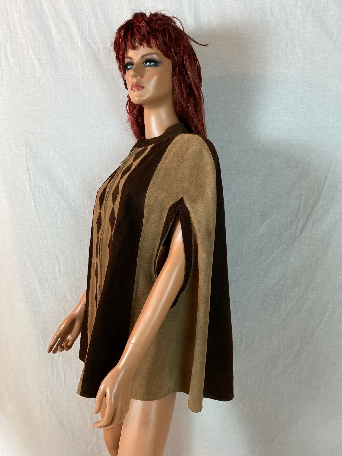 Vtg 60-70s Cape Poncho Coat 2 Tone Brown Diamond Art Love Zip Birds Back Hippy S