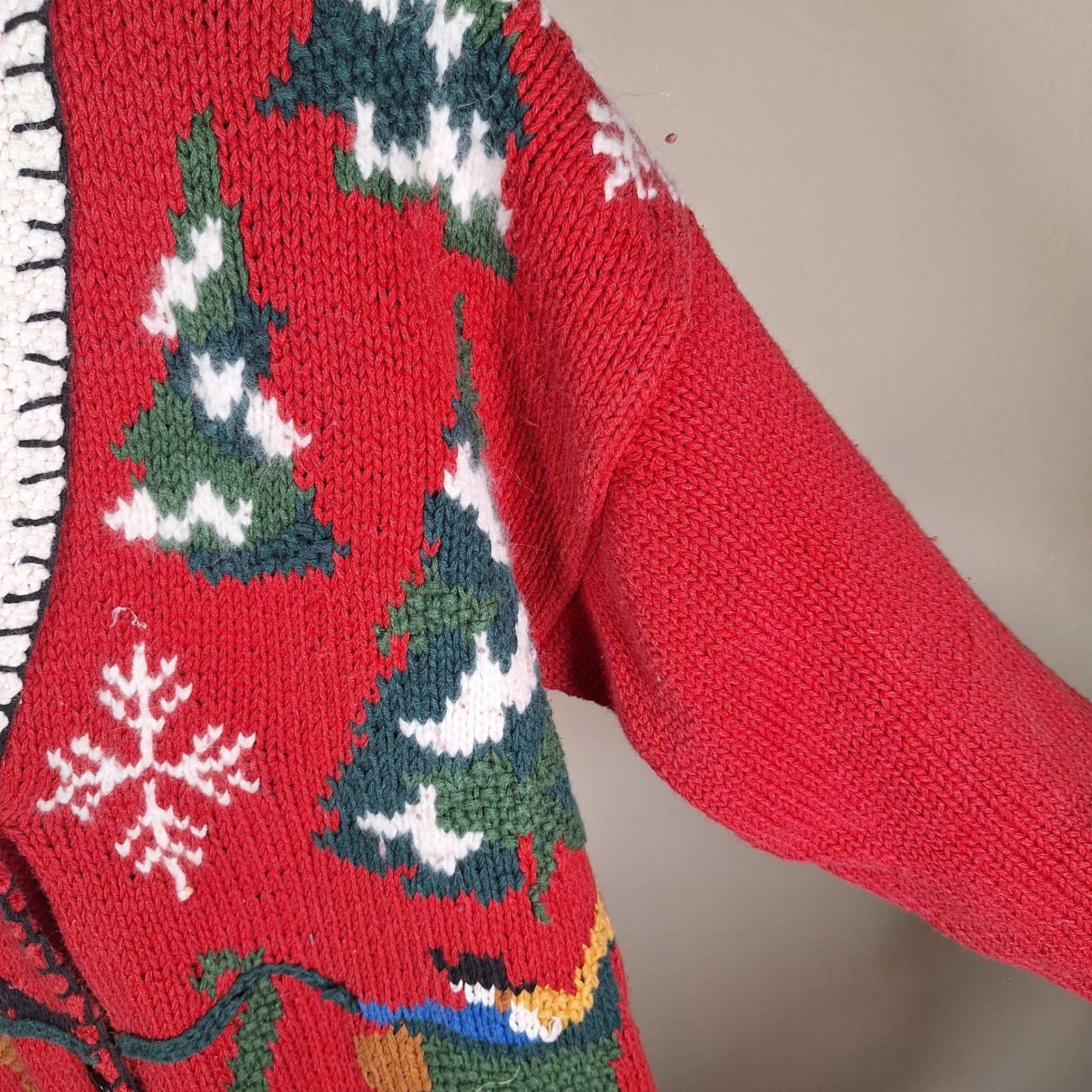 Cullinane Vintage Hand Knit Christmas Cardigan Shawl Collar 3D Whipstitch L