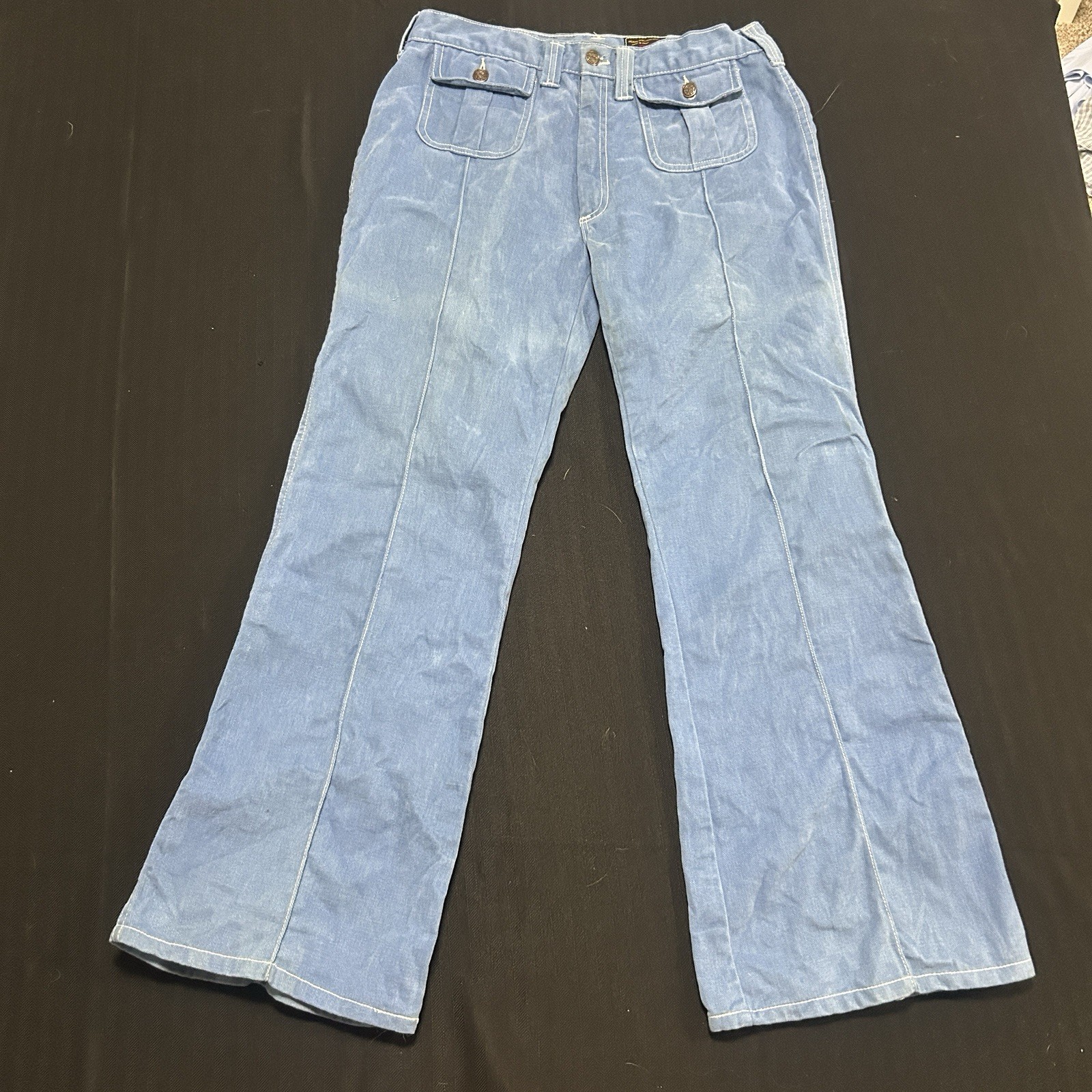Vtg 70s National Shirt Shops Bell Bottom Flare Jeans Patch Pocket Blue Denim 33