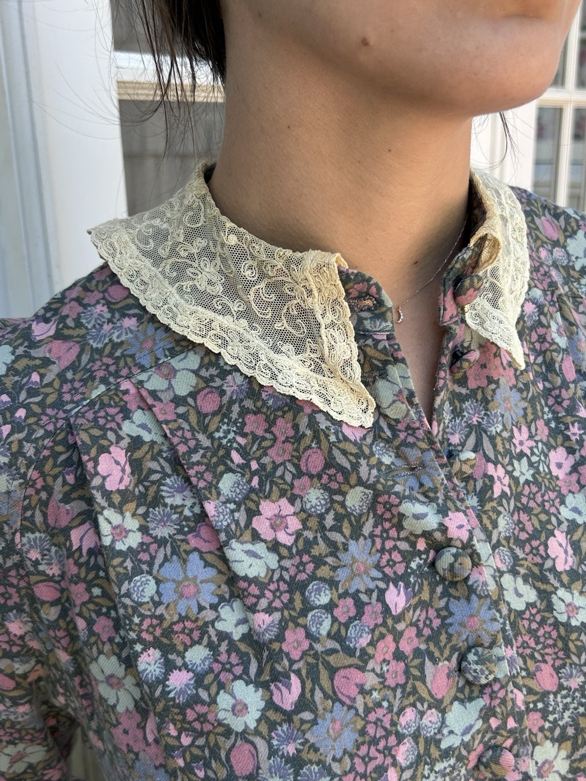 Vintage 80s Laura Ashley 10 Cotton Wool Floral Dress Lace Collar Cottage England