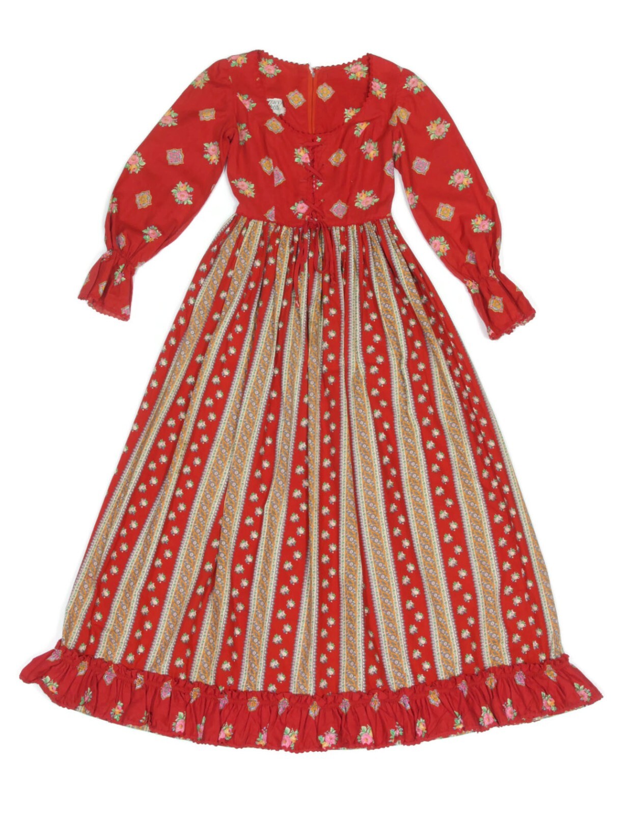 Vtg 70s Lace Up Ren Faire Medieval Red Floral Maxi Dress Cottagecore XS /433