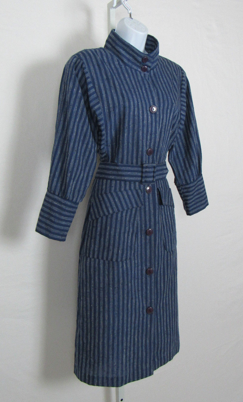 VTG 1970s 80s ALEXIS FASHIONS INC. DRESS SIZE 8 BLUE GRAY COTTON BLEND? BELT