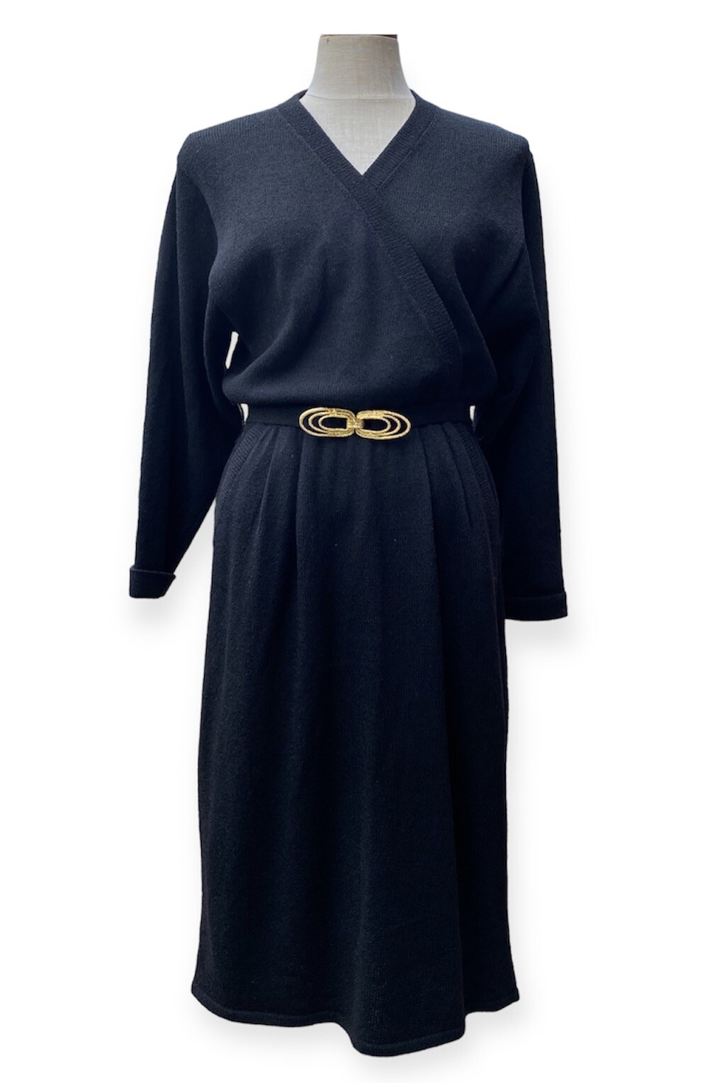 Vintage Jacobson’s Jacobsons Santana Knit Black Belted Faux Wrap Dress SZ 14