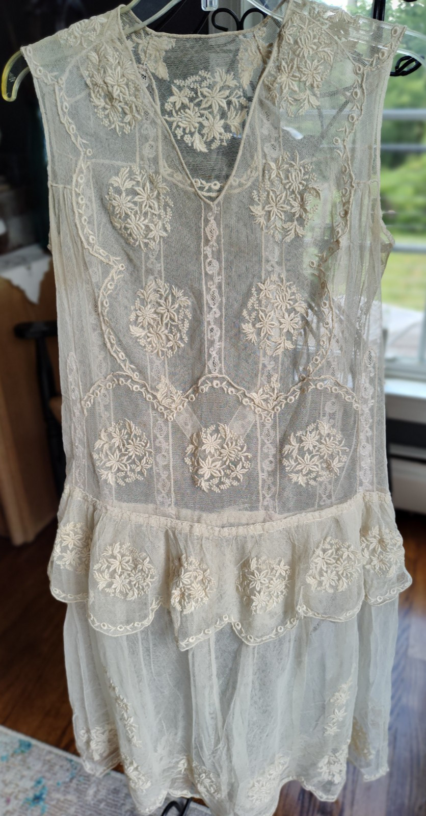INCREDIBLE Antique Ivory Tambour Embroidery Net Lace Flapper Drop Waist Dress