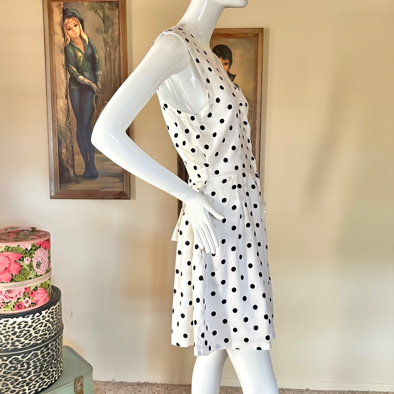 Vintage 1980s B&W Polka-dot Shorts Romper Rockabilly Pin-up Playsuit L Volup