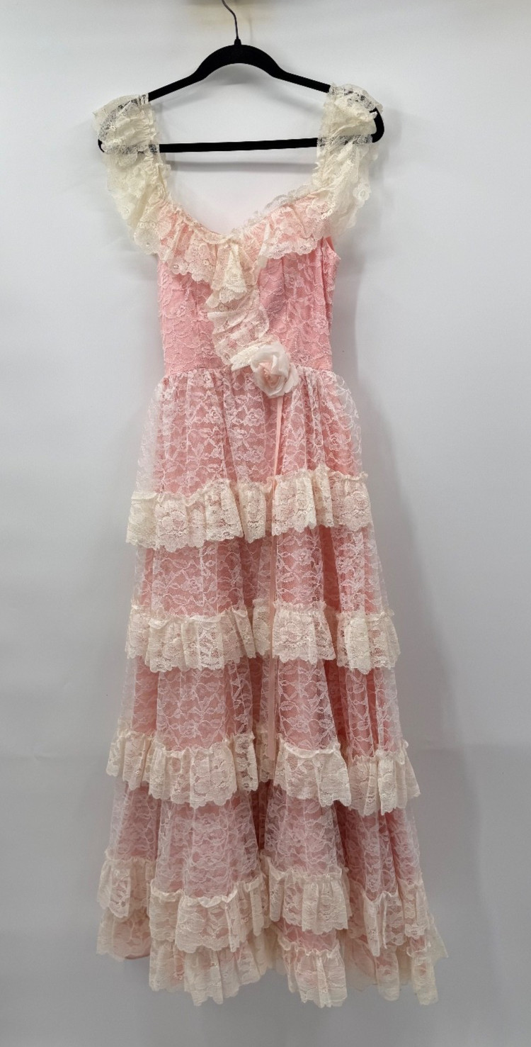 JC Penny Womens Size 3/4 Dress Vintage 1980s Pink Floral Maxi Lace