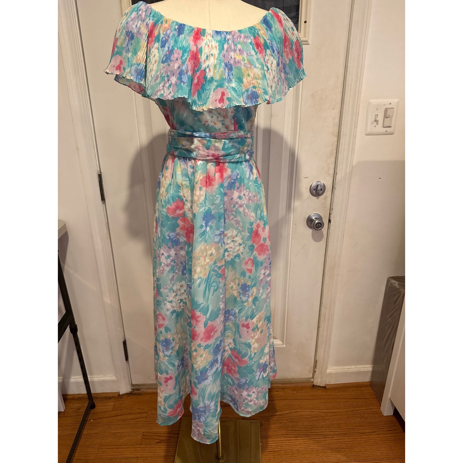 Vintage Lanz Originals Floral Maxi Dress Off Shoulder Pleated Ruffle 80’s Sz M