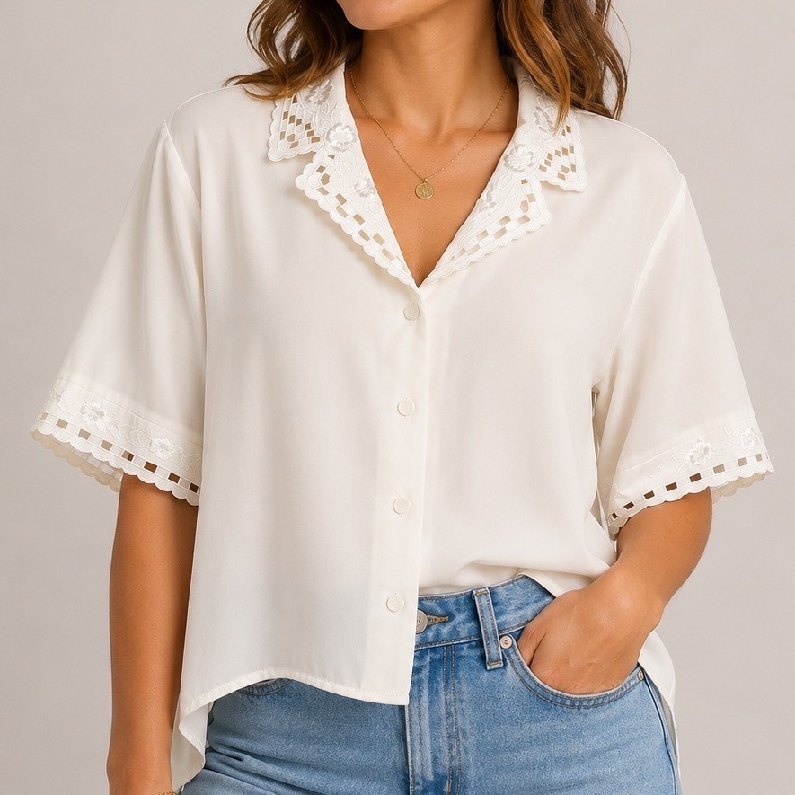 VTG Christie & Jill White Lace Trim Blouse Size 16 Button Front Cottagecore Top