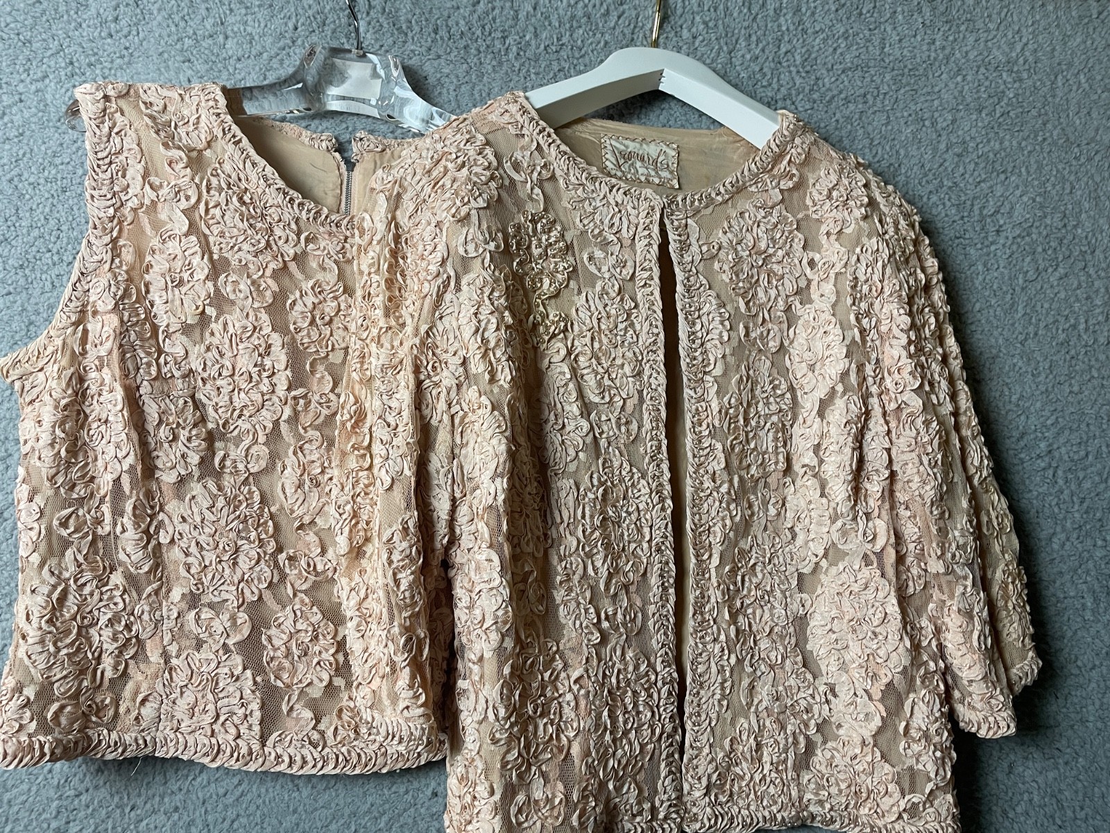 Vintage 50s Leonards Lace Jacket Top Set Small Pink Ribbon Pearl Embroidery VTG