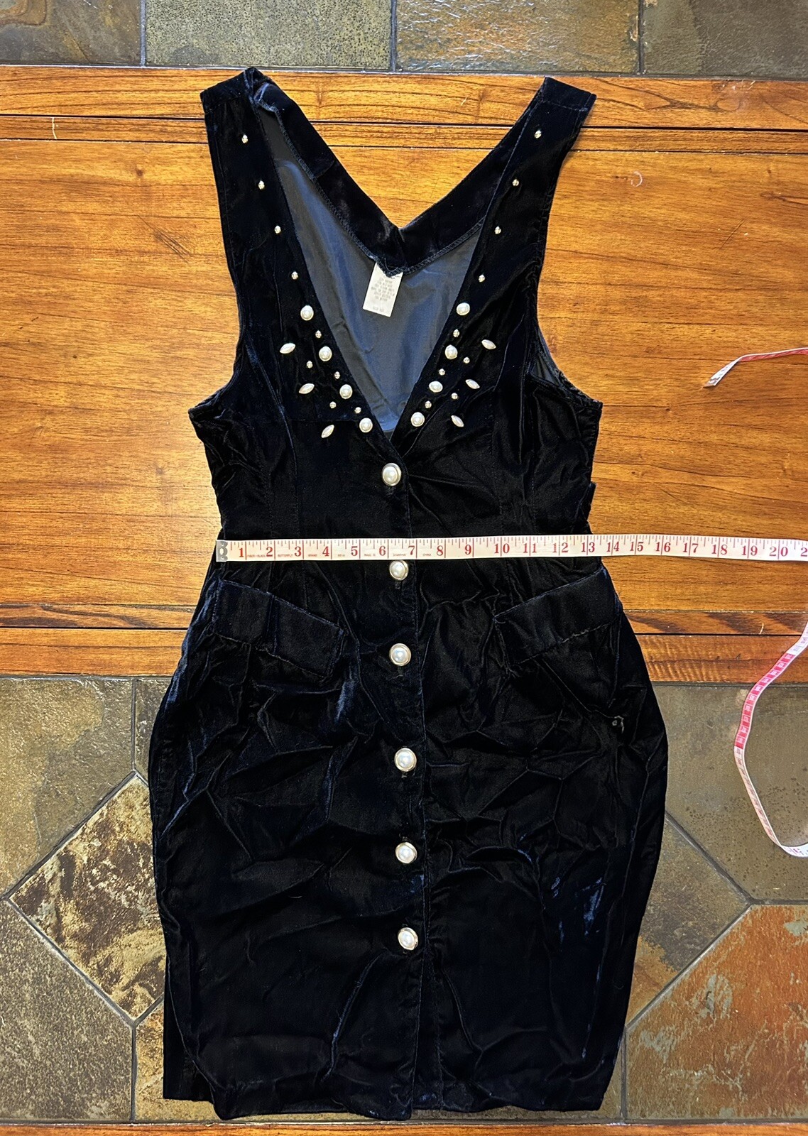 Vintage 1980s/90s XTRMZ Black Crushed Velvet Faux Pearl Buttons Sexy Dress 5/6