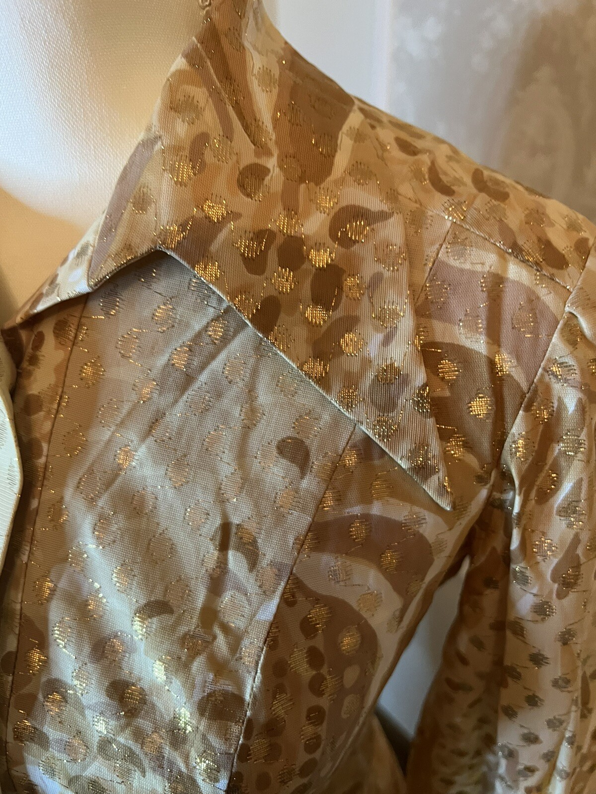 Vintage 70s Nancy Greer New York Metallic Print Party Dress Hostess Long Collar