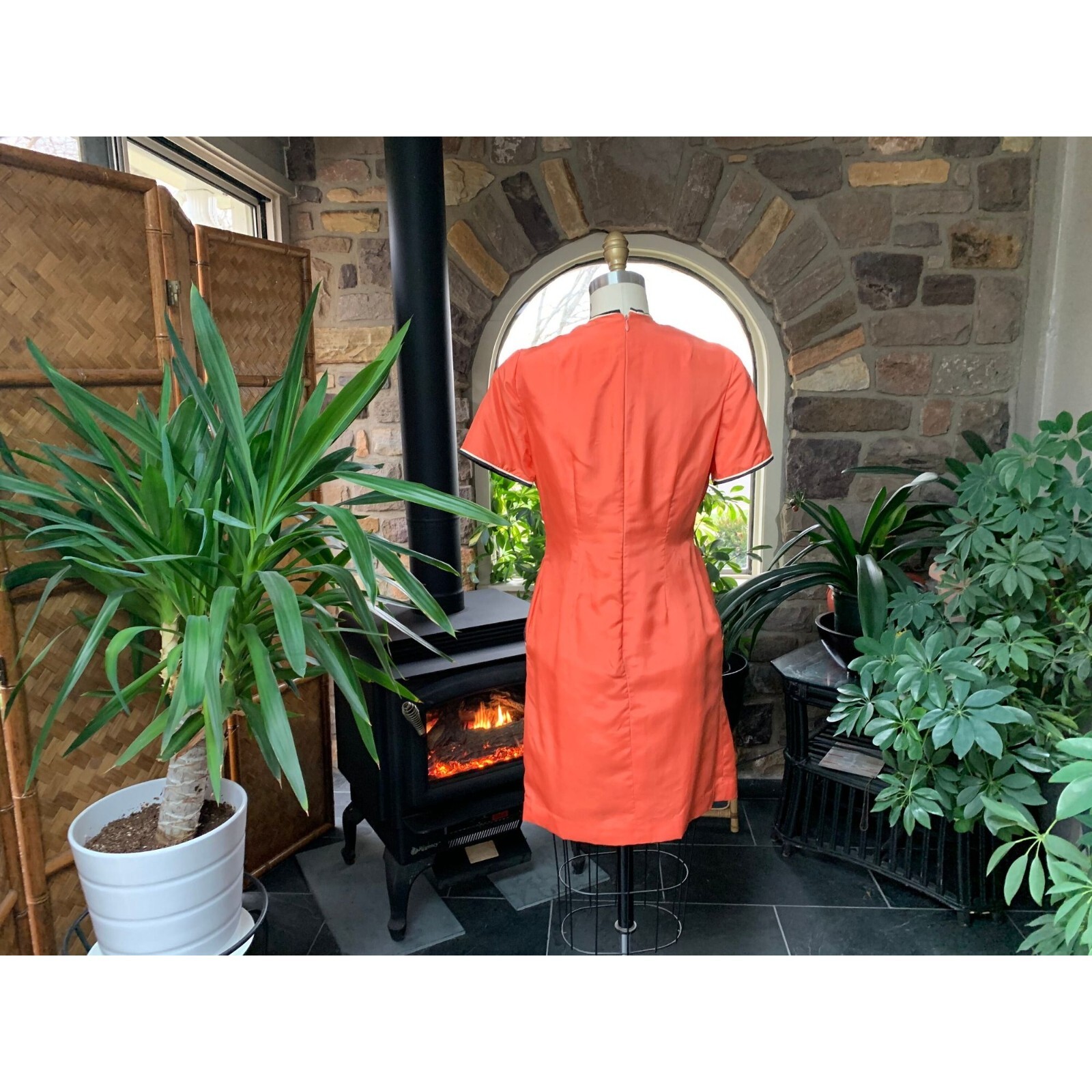 Vintage 1970s Orange Silk Dress Black and Ivory Piping Decorative Buttons