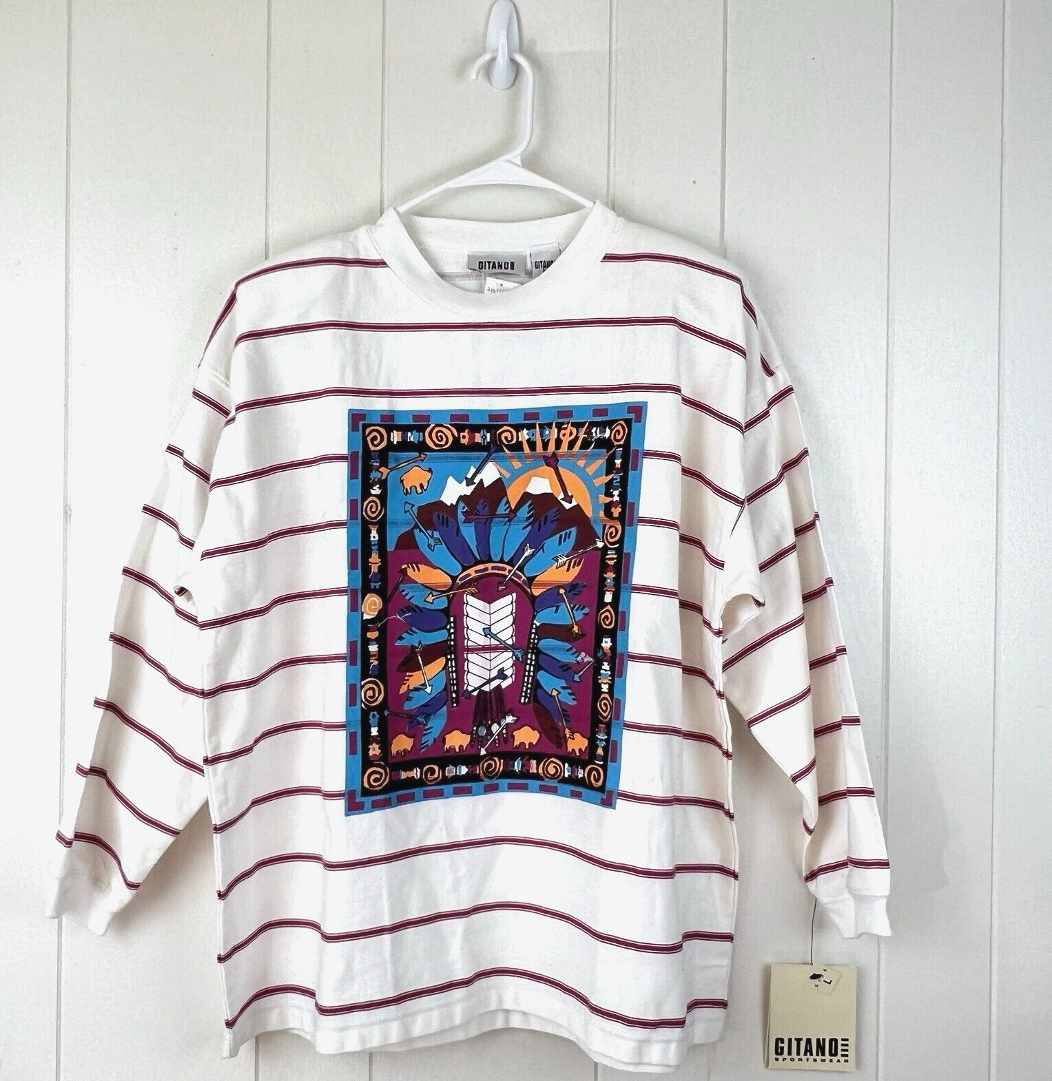 Vintage Gitano Womens Large Western Native Striped Pullover Top Shoulder Pads