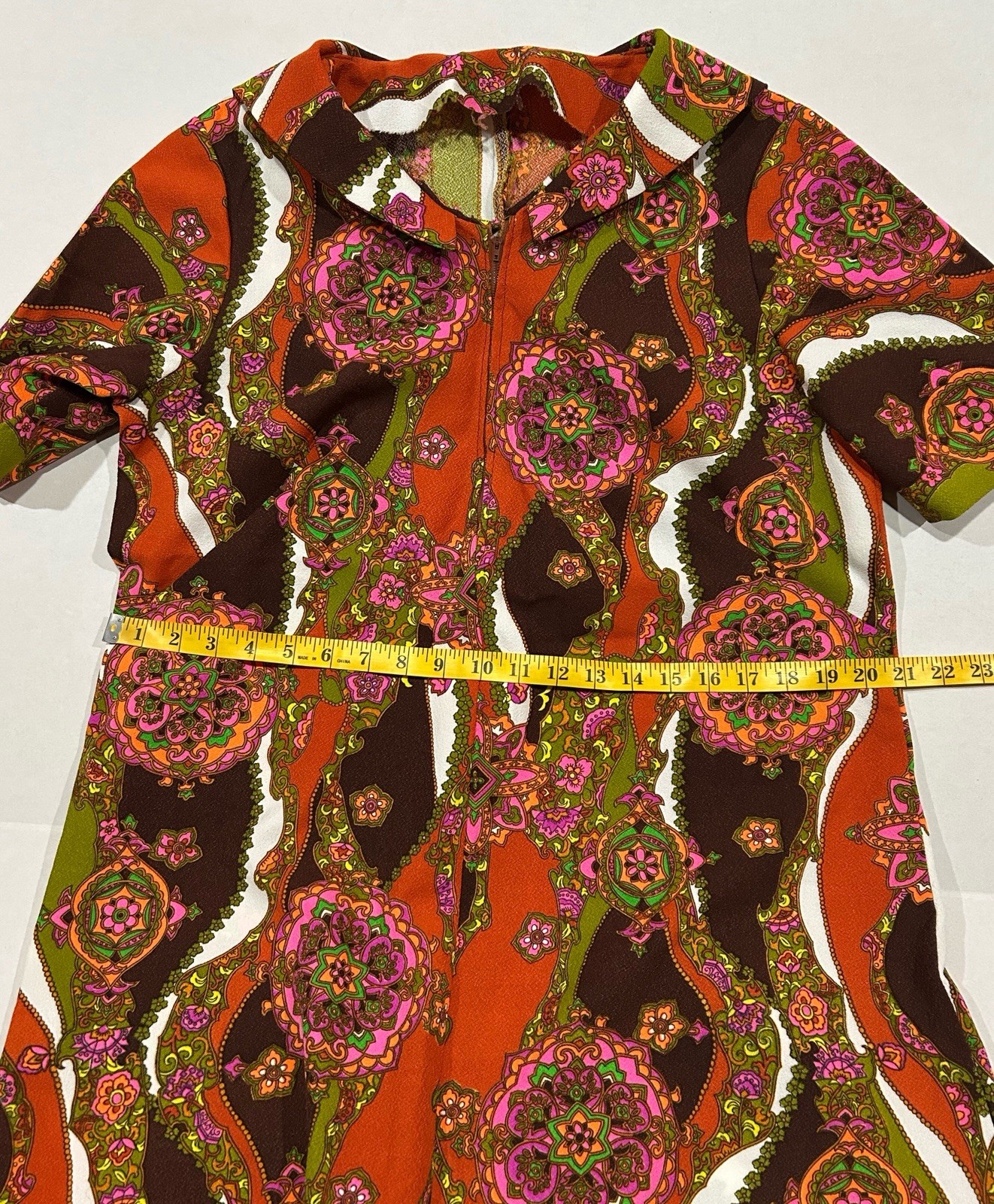 Vintage 70s Retro Mod Psychedelic Shift Dress Poly Knit Handmade Womens L *Glows
