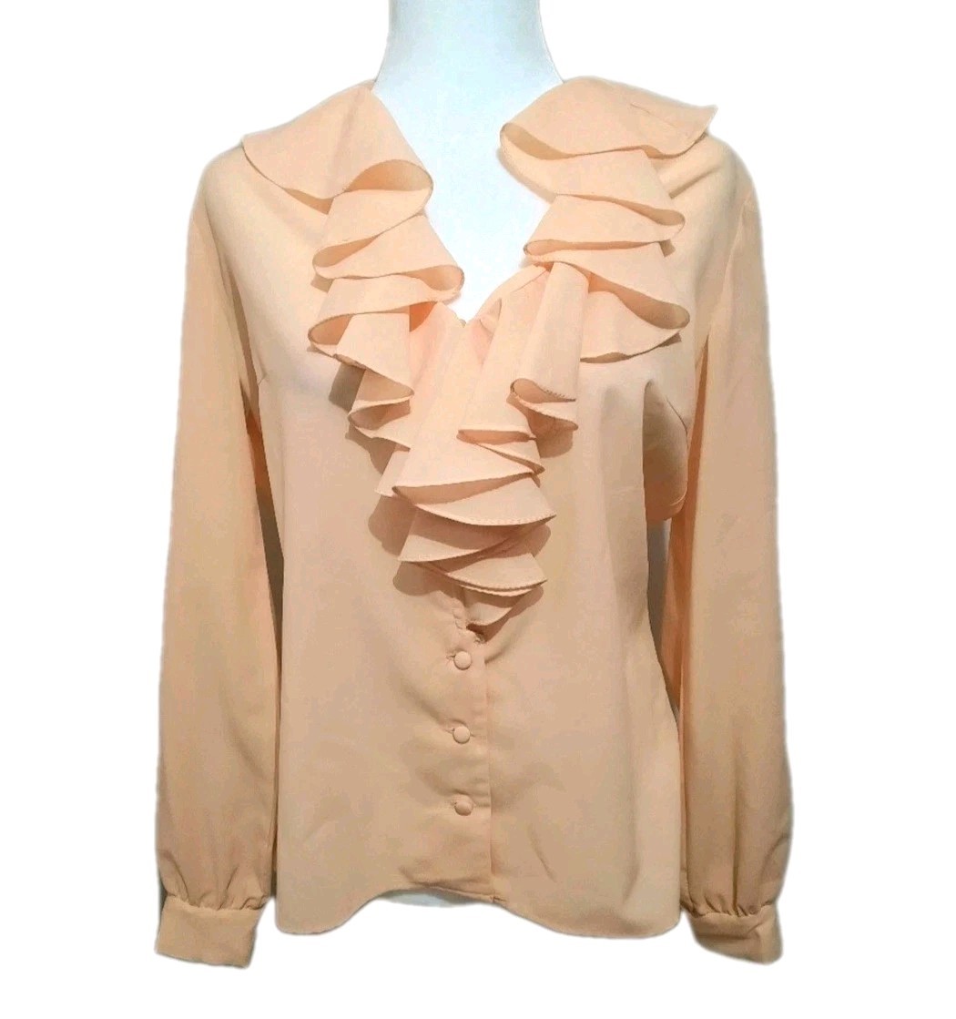 Vintage 1970’s Volup Apricot Ruffle Trim Sheer Blouse By Malbe Original Size L