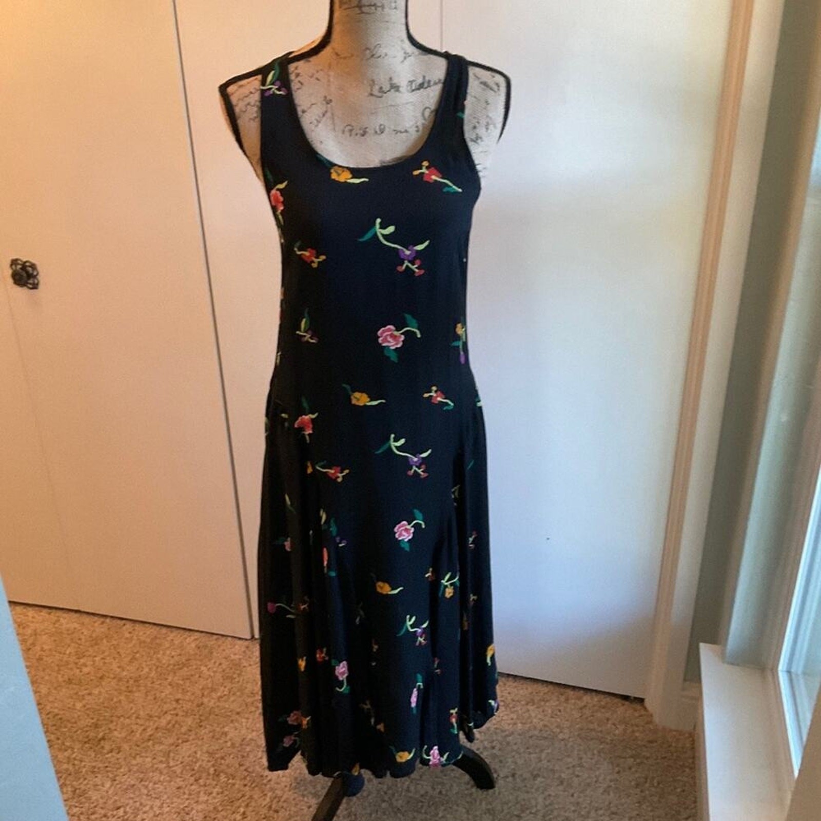 Vintage 80’s Norma Kamali Designer black floral racer back tank maxi midi dress