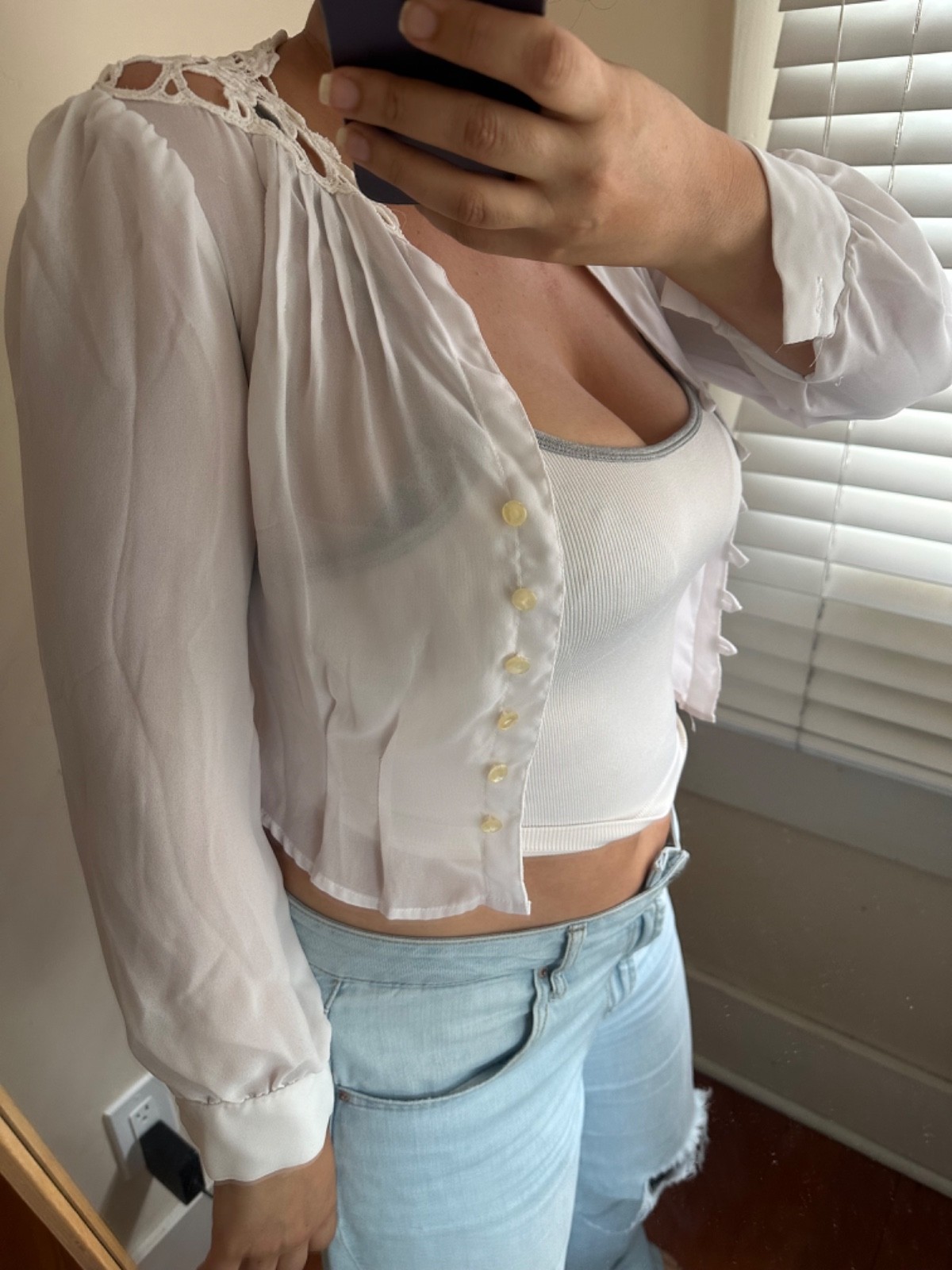 Vintage 70’s Boho Lace Yoke Patchwork Long Cuff Sleeve White Button Up Blouse