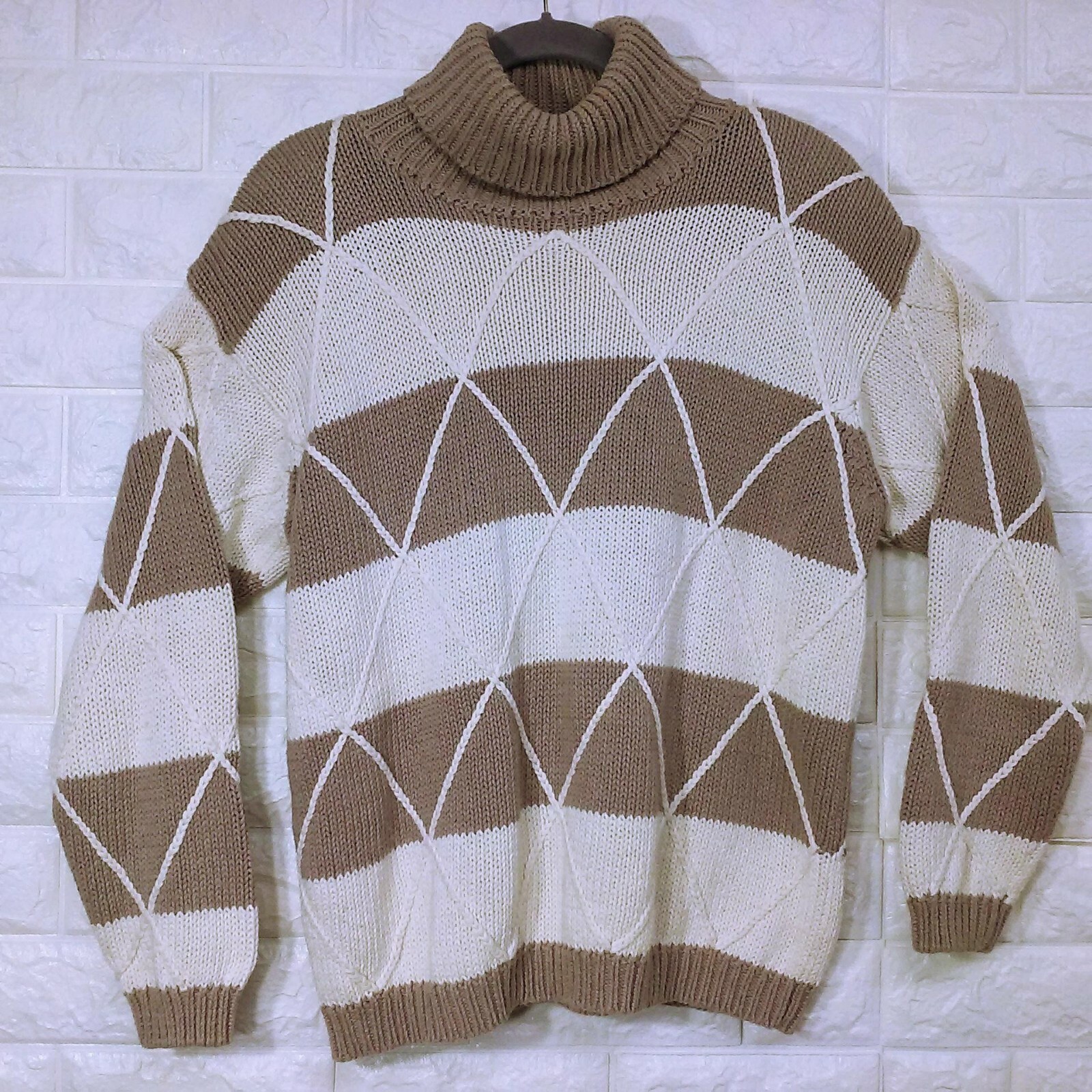 Vtg 80’s MILANO Sweater Turtleneck Sz-Med Slouchy Oversize Diamond Knit Stripe