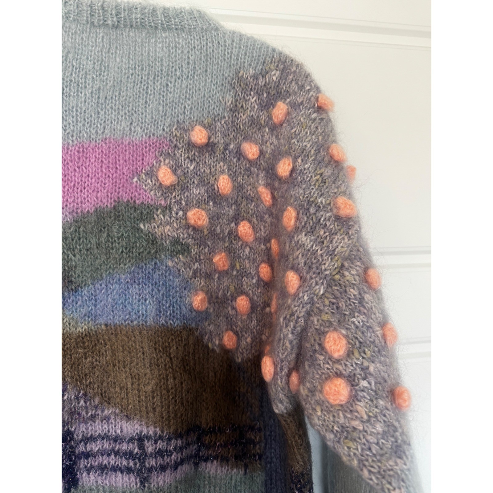 Vtg 80s SUSIE LEE Mohair Sheep Sweater Hand Knit Pastel Cottagecore Landscape L