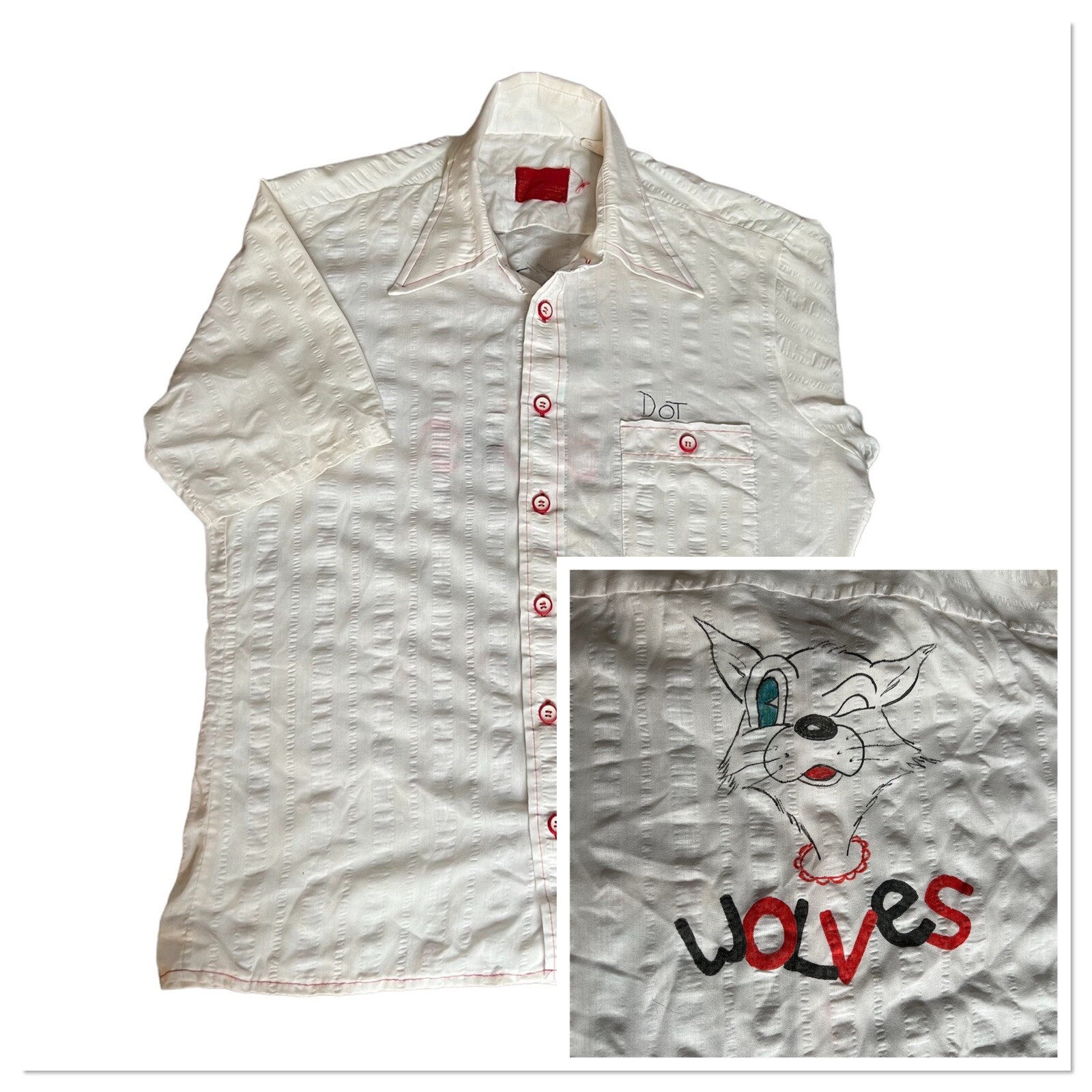 vtg 1950s womans dimity bowling shirt hand illustrated Wolves White Red