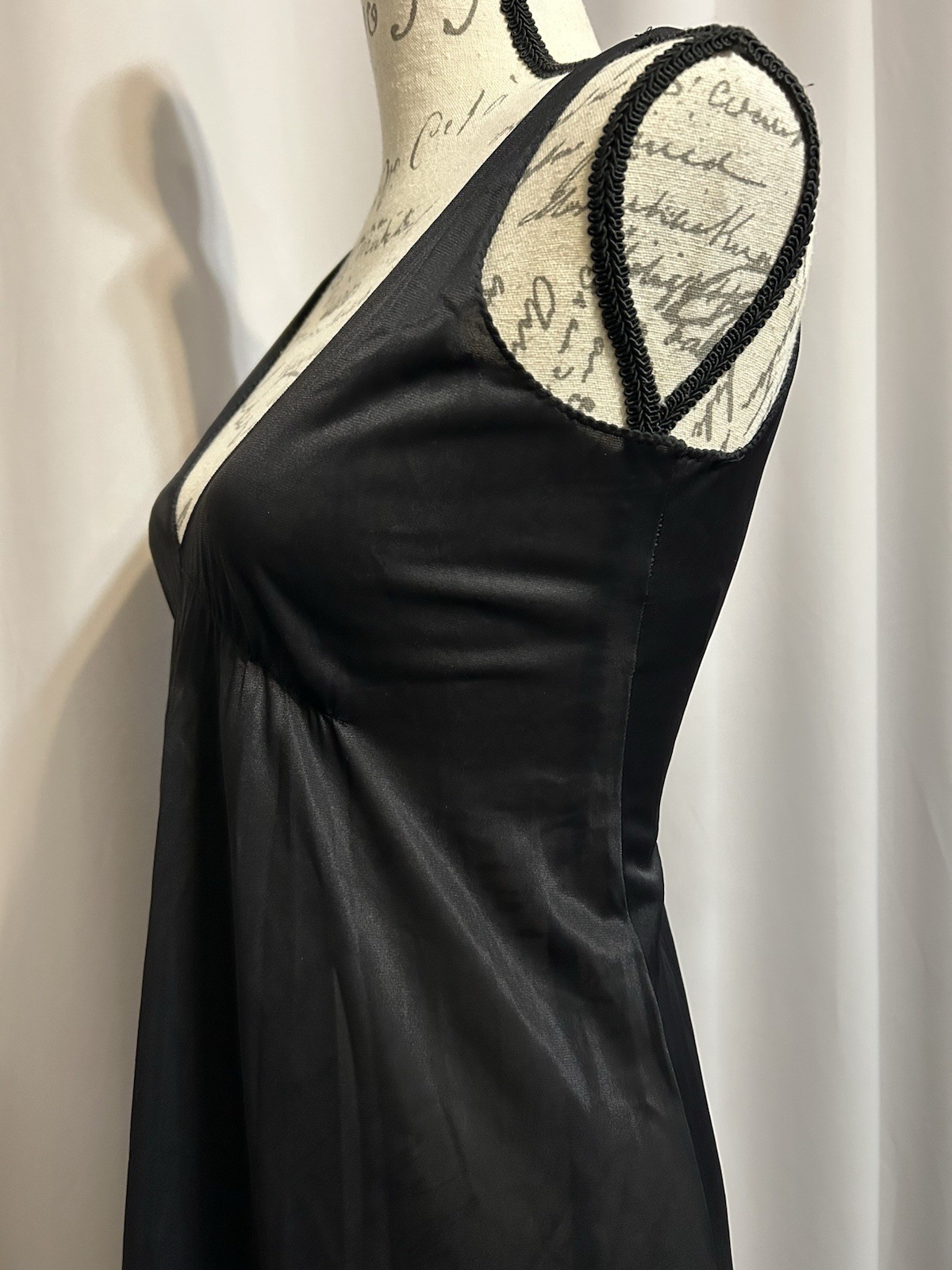 Vintage Long Black Nightgown Slip Dress Plunging Neckline Nylon Vamp