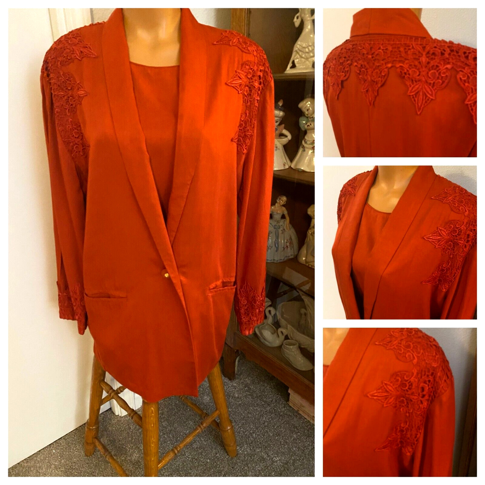 VTG 80’s BESSIE CALIFORNIA FESTIVE RED RAYON W/ LACE JACKET & BLOUSE SET SZ L