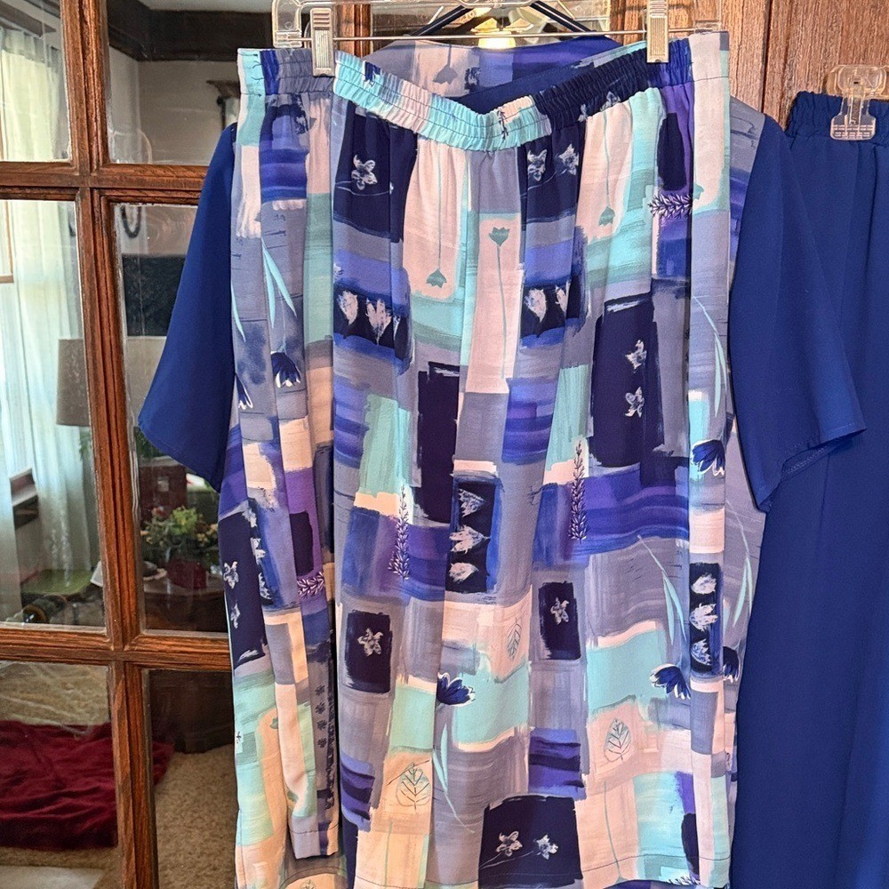 Stephanie Thomas Sport Vintage 3 Piece Set Blue Abstract Jacket Skirt Pant 14 16
