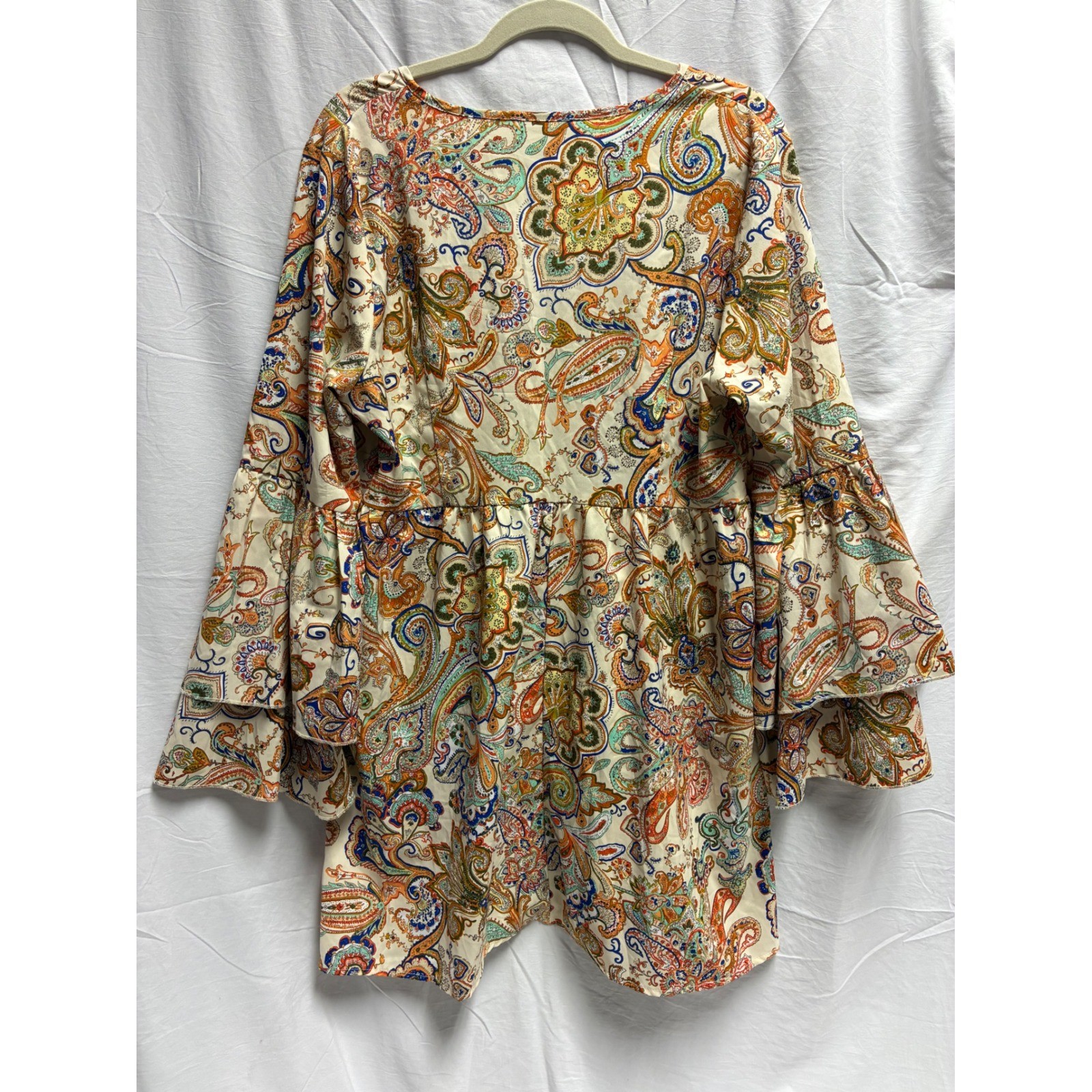 Boho Paisley BOHO V-Neck Dress with Tiered Bell Sleeves XL Multi-Color festival
