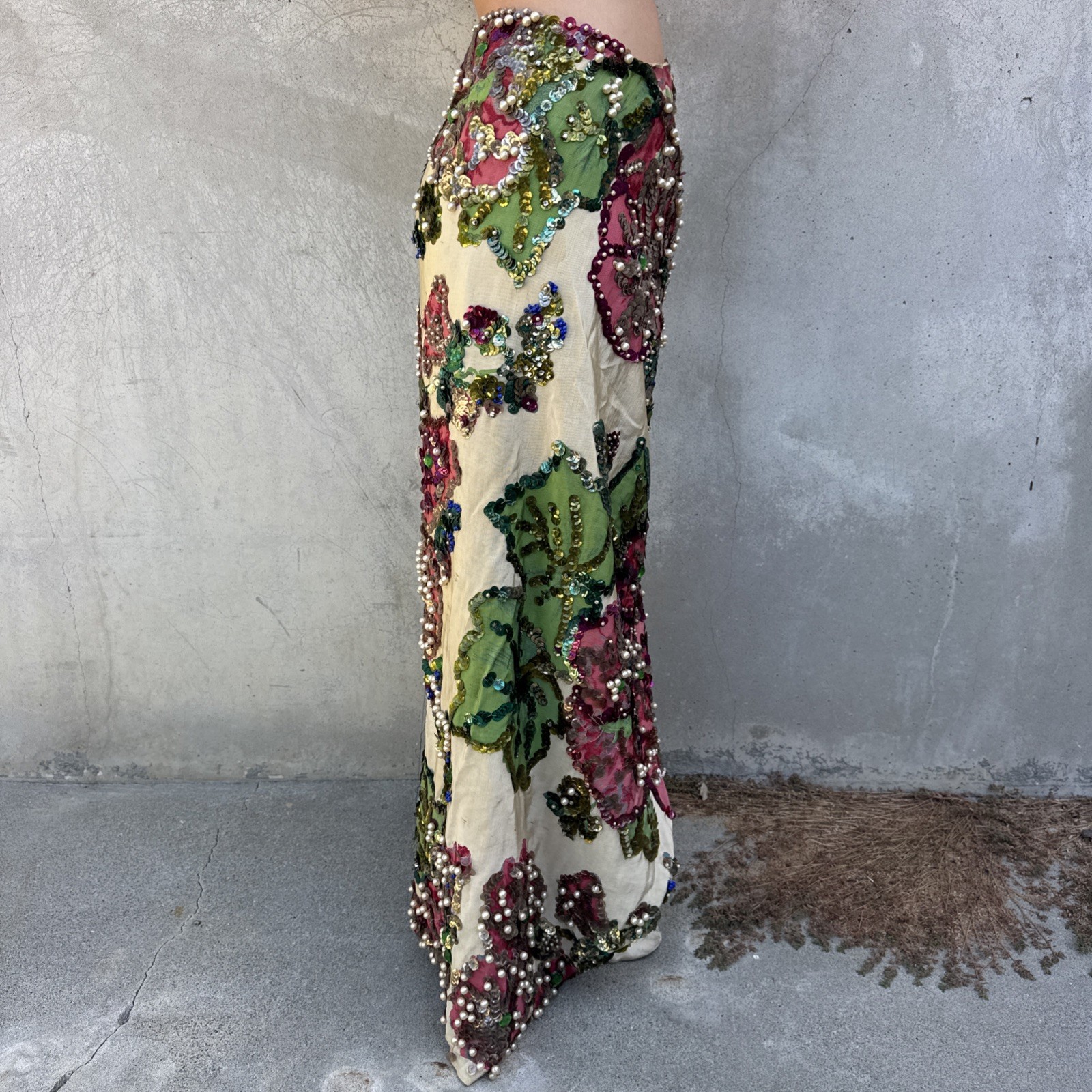 Vintage 1930s Painted Skirt Rhinestones Beading Pearls Flower Showgirl Burlesque