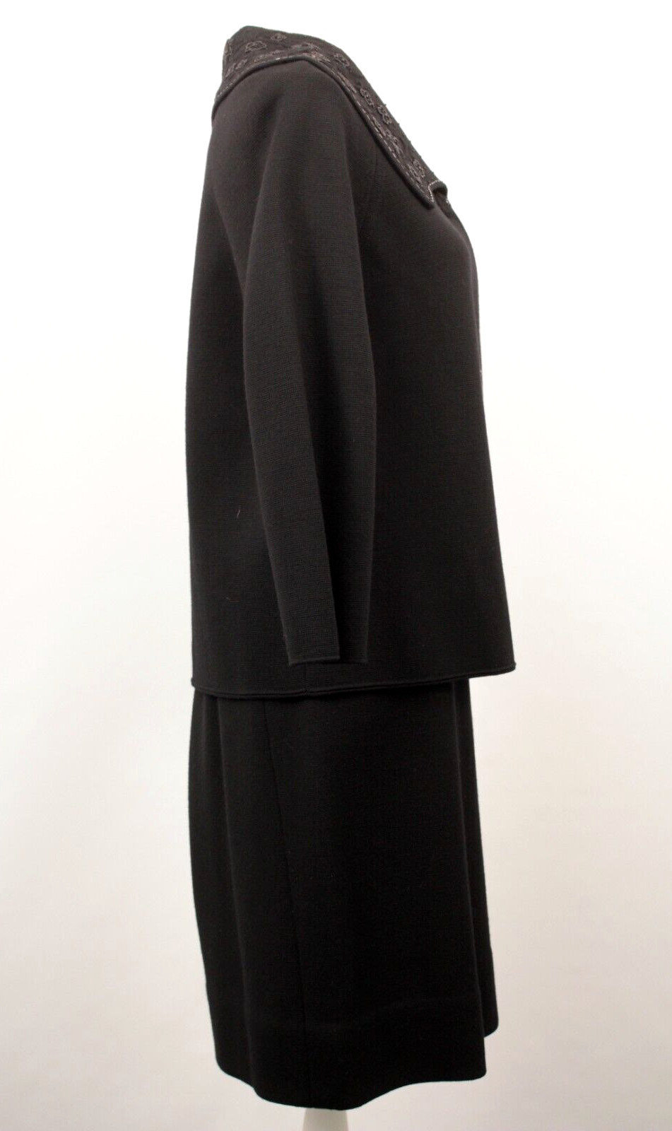 VTG Women’s 60s 2 PC Black Knit Beaded Dress Suit M/L 1960s Jacket & Skirt Set