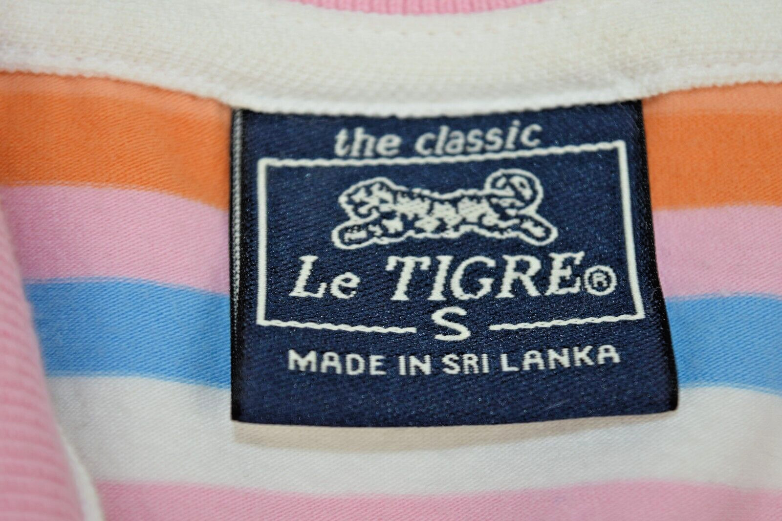 Vintage Womens Le TIGRE Shirt Size S/M 90s Pink Blue Orange Stripes White Tiger