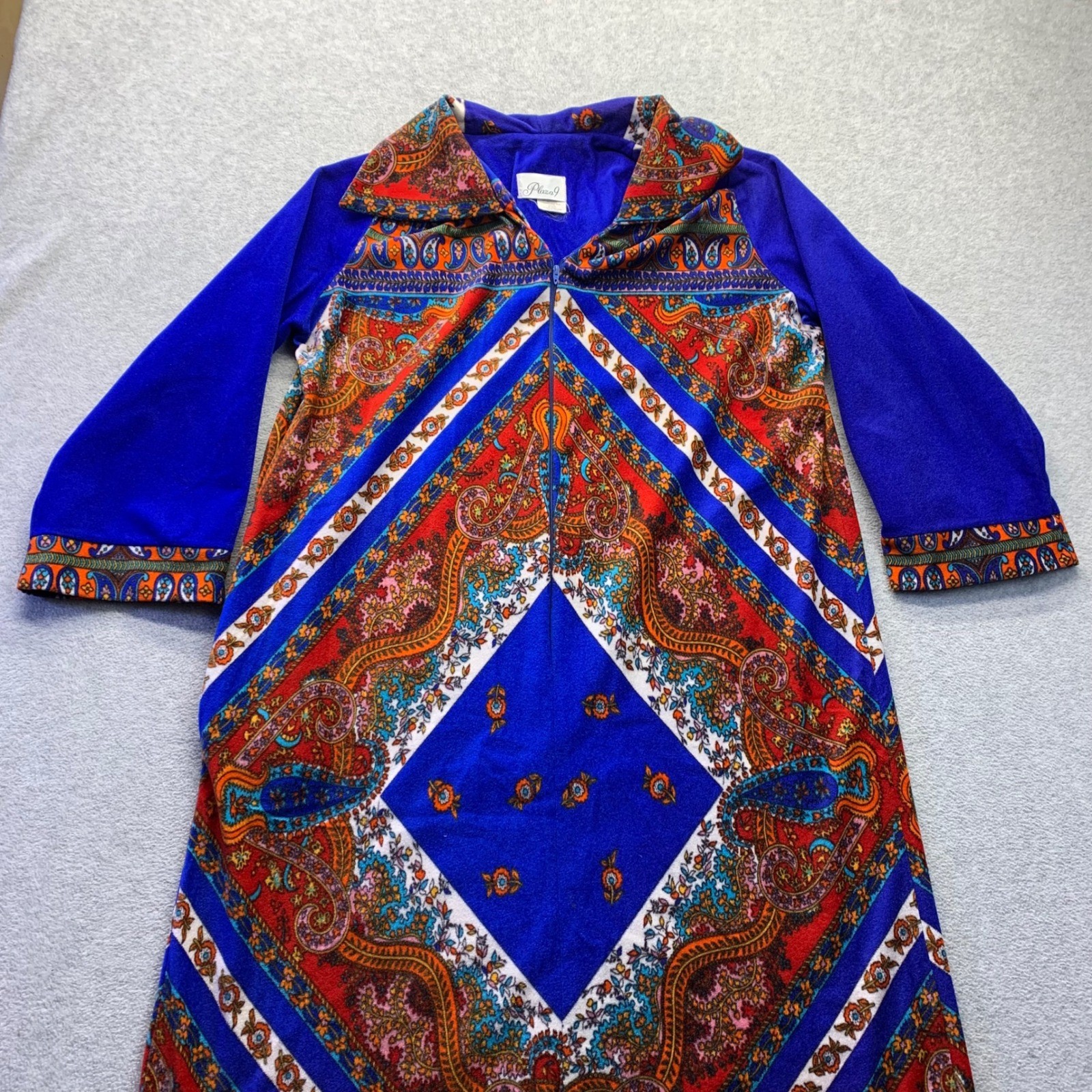 Vtg Plaza 9 Blue Psychedelic Paisley Geometric Velour Robe House Dress 70s Sm/Md