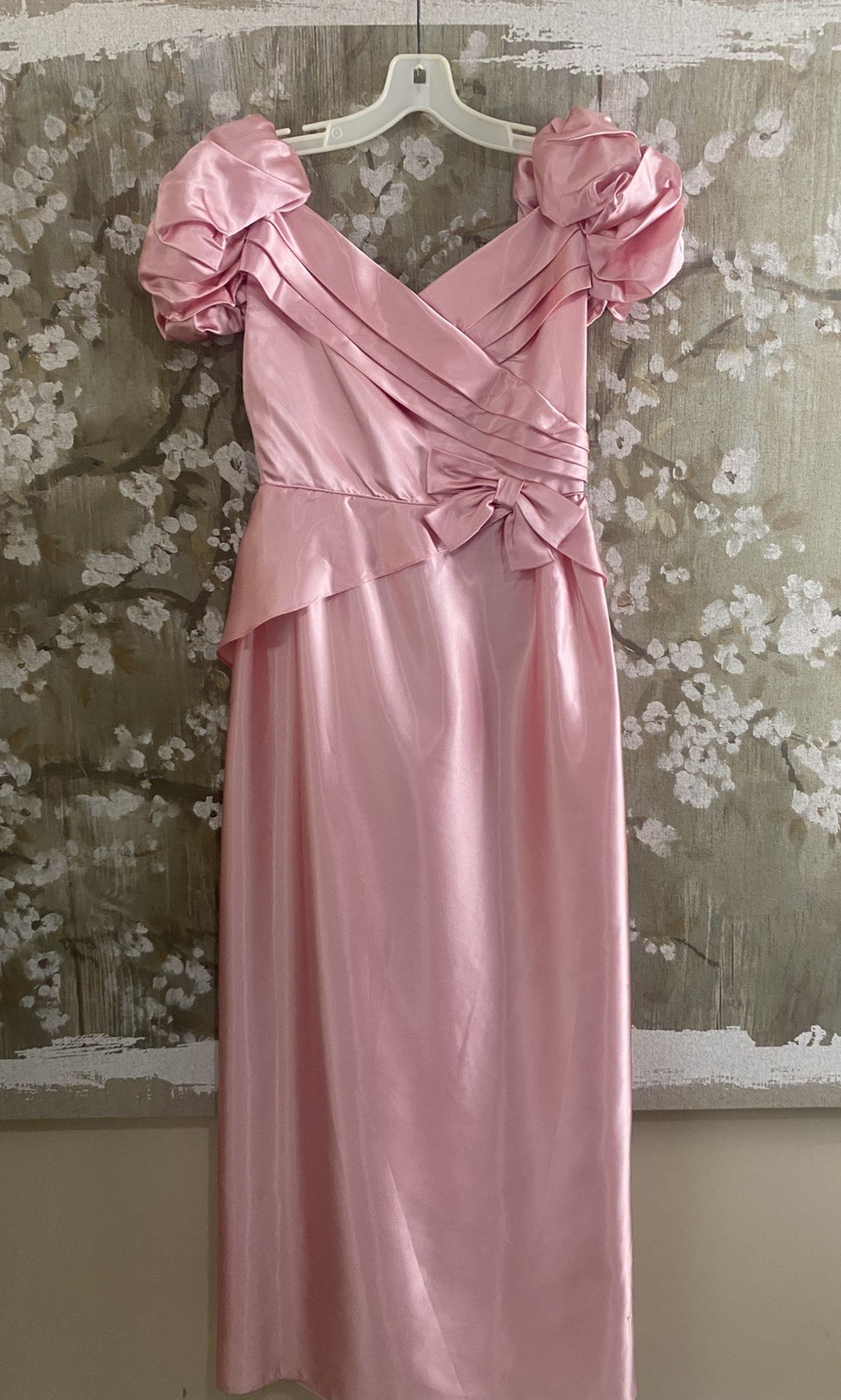 VTG 70’s Pink Satin Union Made Coquette Back Cascade Prom Bridesmaid Dress S
